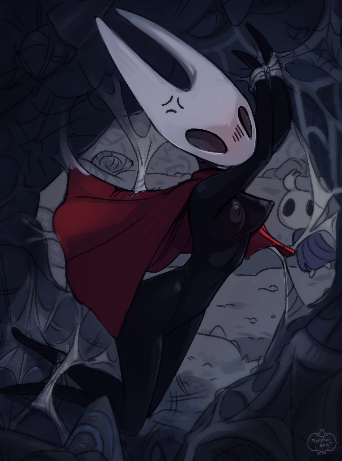 annoyed blush exposed female_focus hollow_knight hornet_(hollow_knight) no_humans pinup protagonist_(hollow_knight) pumpkinsmut tied_up webs