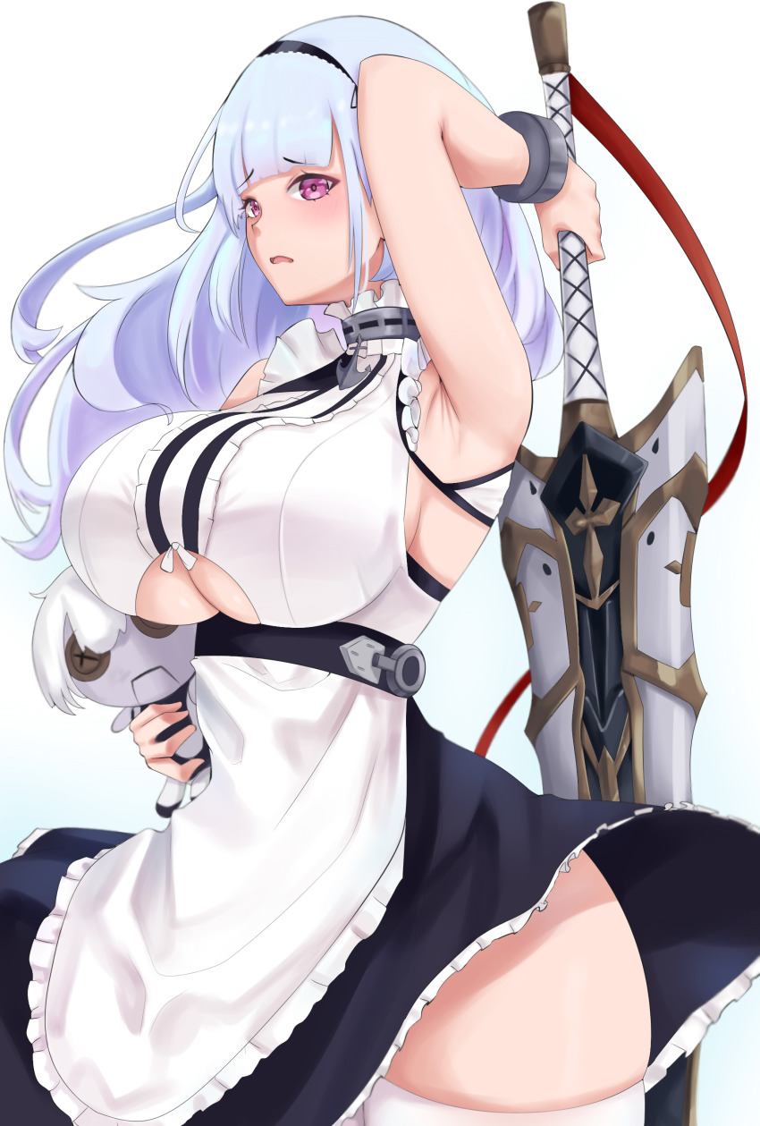 absurdres anchor_choker anchor_necklace apron arm_behind_back armpits azur_lane bangs black_hairband breasts center_frills choker clothing_cutout cromwellb dido_(azur_lane) doll female frilled_apron frilled_choker frills hairband highres holding holding_doll holding_sword holding_weapon lace-trimmed_hairband lace_trim large_breasts long_hair maid_apron necklace open_mouth pink_eyes shirt silver_hair sleeveless sleeveless_shirt sword thighhighs thighs underboob underboob_cutout waist_apron weapon white_apron wrist_cuffs