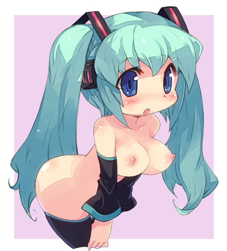 :o, 1girl, 7chan, adorable, aqua hair, blue eyes, blush, blush lines, blush stickers, blushing, breasts, chibi, cute, detached sleeves, female, half naked, half-dressed, hatsune miku, leggings, long hair, medium breasts, nipples, nude, open mouth, partially clothed, simple background, sleeves, small breasts, solo, standing, teal hair, thick thighs, thighhighs, twintails, very long hair, vocaloid, wholesome