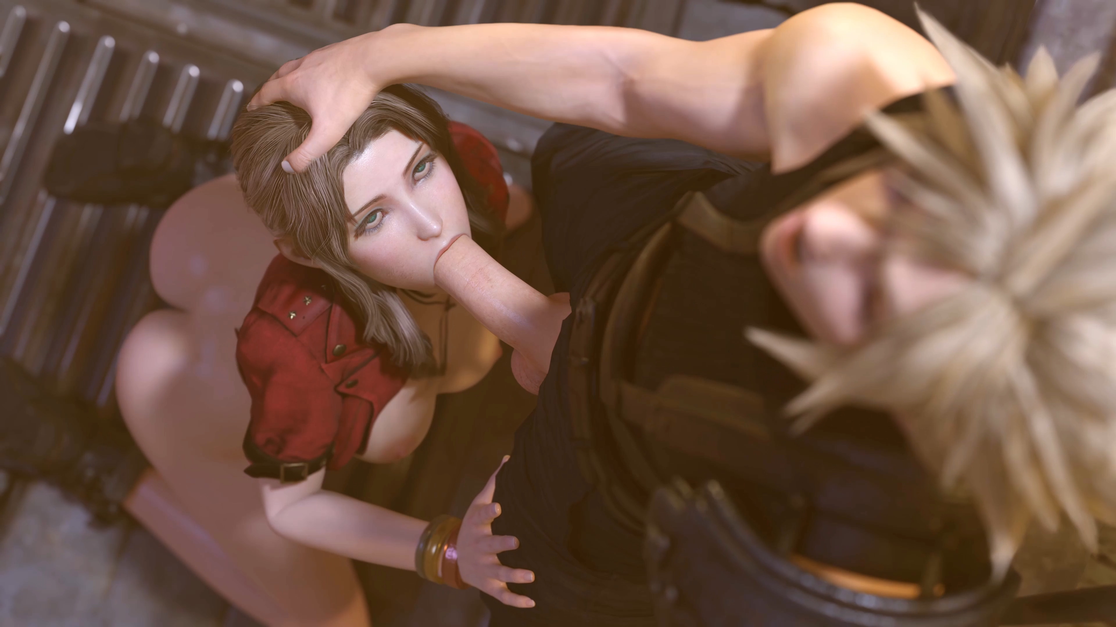1boy, 1girls, 3d, aerith gainsborough, ass, blonde hair, blowjob, boots, bottomless, breasts, breasts out, brown hair, brunette, clothed, clothed sex, cloud strife, couple, cropped jacket, dominant male, fellatio, female, femsub, final fantasy, final fantasy vii, final fantasy vii remake, functionally nude, functionally nude female, green eyes, hand on head, hand on leg, kneeling, kneeling oral position, light skin, light-skinned female, light-skinned male, looking up, male, maledom, medium breasts, nipples, oral, oral sex, penis, penis out, spiky hair, square enix, straight, submissive female, timpossible, yellow hair