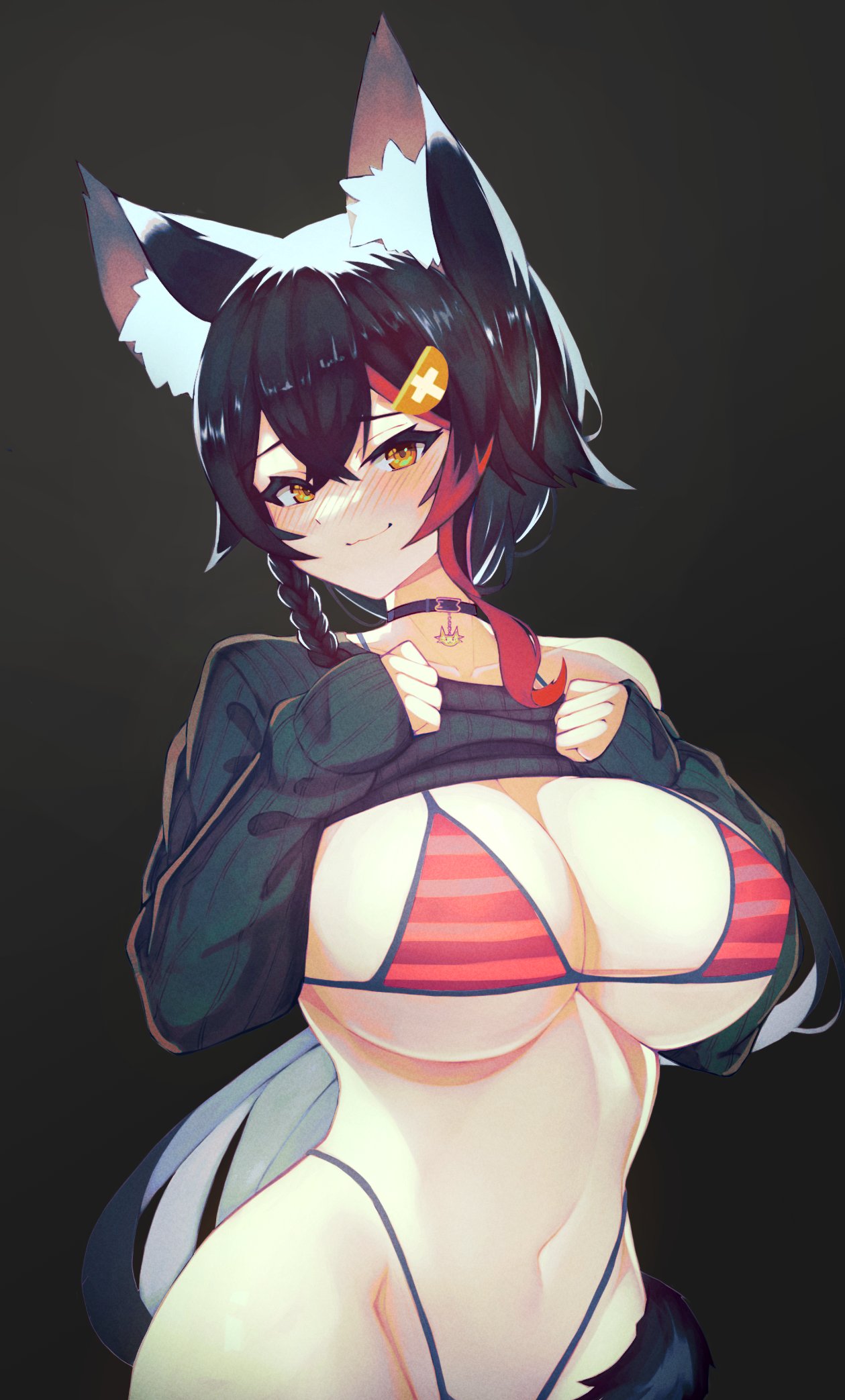 1girls, 2022, animal ear fluff, animal ears, bangs, bare shoulders, bikini, black hair, blush, braid, breasts, cheeky, choker, cleavage, closed mouth, clothes lift, collarbone, covered nipples, crossed bangs, female, female focus, female only, hair between eyes, highleg, highleg bikini, highres, hololive, hololive gamers, hololive japan, large breasts, light skin, light-skinned female, long hair, long sleeves, looking at viewer, micro bikini, multicolored hair, navel, off shoulder, ookami mio, orange eyes, ponytail, red hair, ribbed sweater, seductive, simple background, sleeves past wrists, smile, smug, solo, solo female, streaked hair, striped, striped bikini, suggestive, sweater, sweater lift, swimsuit, tail, upper body, varniskarnis, very long hair, virtual youtuber, wide hips, wolf ears, wolf girl, wolf tail