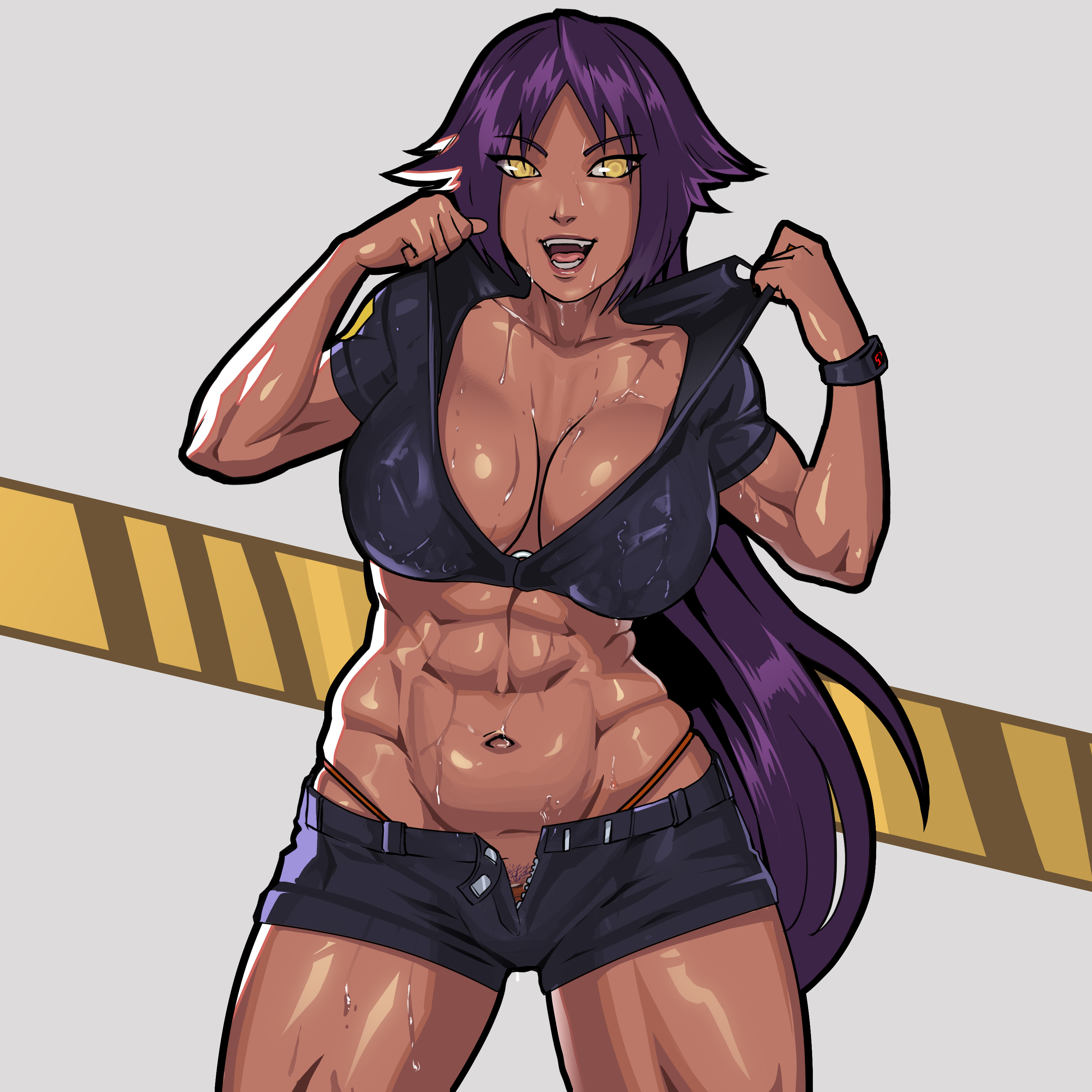 1girls, alternate costume, alternate version available, armwear, big breasts, bleach, bottomwear, breasts, cleavage, equinox006, female, female only, hair, huge breasts, long hair, police, police uniform, policewoman, purple hair, shihouin yoruichi, shorts, solo, solo female, sweat, sweatdrop, thick thighs, thighs, thong, yellow eyes