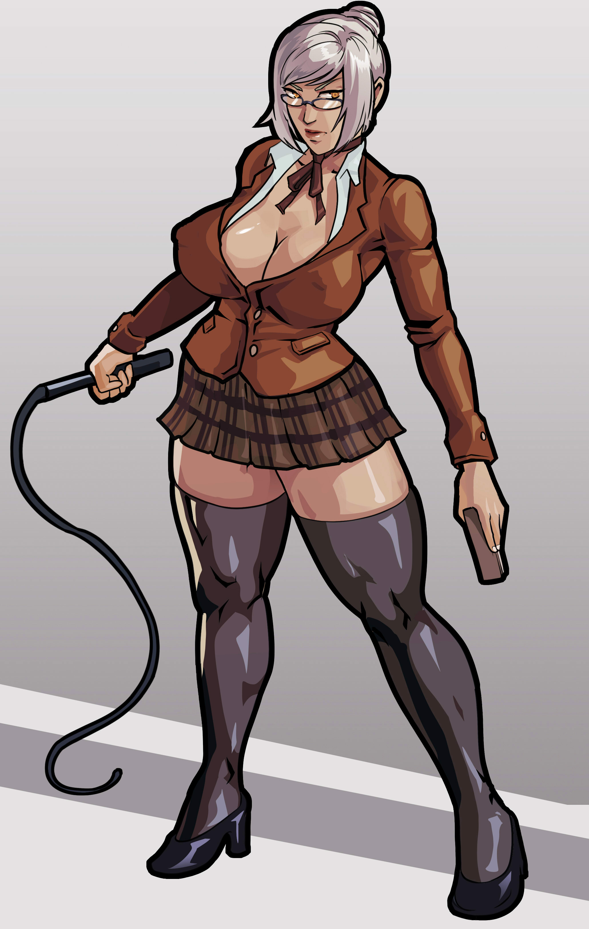 1girls, alternate costume, alternate version available, big breasts, black legwear, bottomwear, breasts, brown skirt, cleavage, equinox006, eyewear, female, female only, footwear, full body, glasses, grey hair, hair, leggings, legwear, lips, mature, mature female, microskirt, prison school, shiraki meiko, skimpy, skimpy clothes, skirt, solo, solo female, thick thighs, thighs, topwear, whip