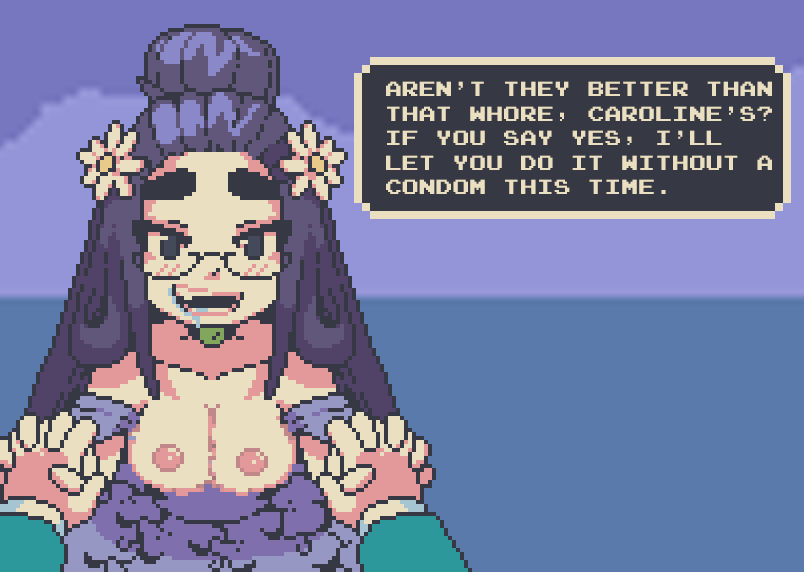 breasts colorgrave drool drooling fangs glasses oakley pixel_art prodigal purple_eyes purple_hair text text_box text_bubble wedding wedding_dress