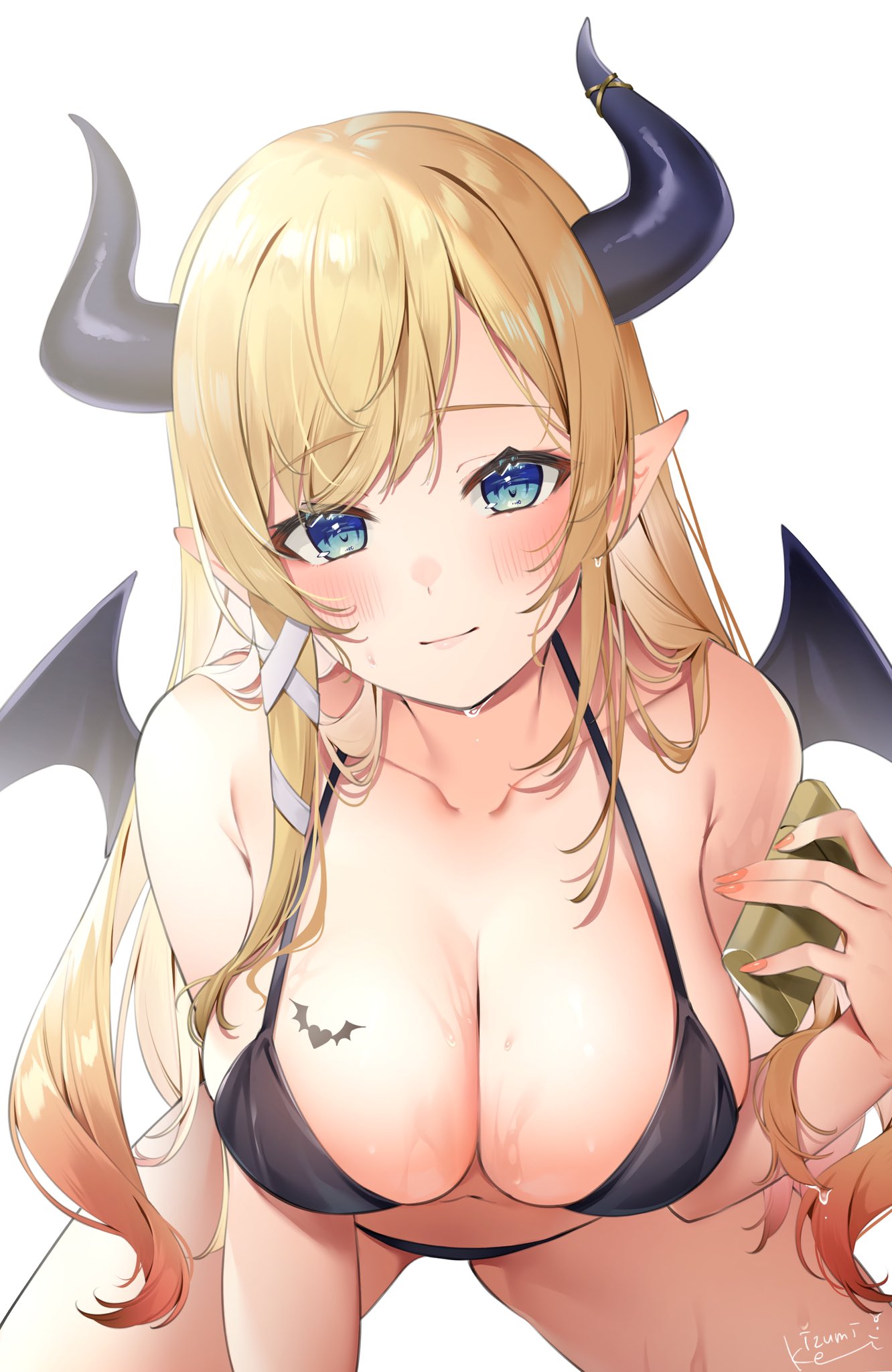 1girls 2022 bangs bat_tattoo bikini black_bikini blonde_hair blue_eyes blush breast_tattoo breasts cleavage closed_mouth collarbone demon_girl demon_horns demon_wings female female_focus female_only gradient_hair hair_ribbon halterneck heart heart_tattoo highres holding hololive hololive_gen_2 hololive_japan horns izumi_kei large_breasts long_hair looking_at_viewer multicolored_hair nail_polish navel orange_nails pointy_ears ribbon sign simple_background smile solo solo_female string_bikini succubus swimsuit tattoo very_long_hair virtual_youtuber wet white_background white_ribbon wings yuzuki_choco