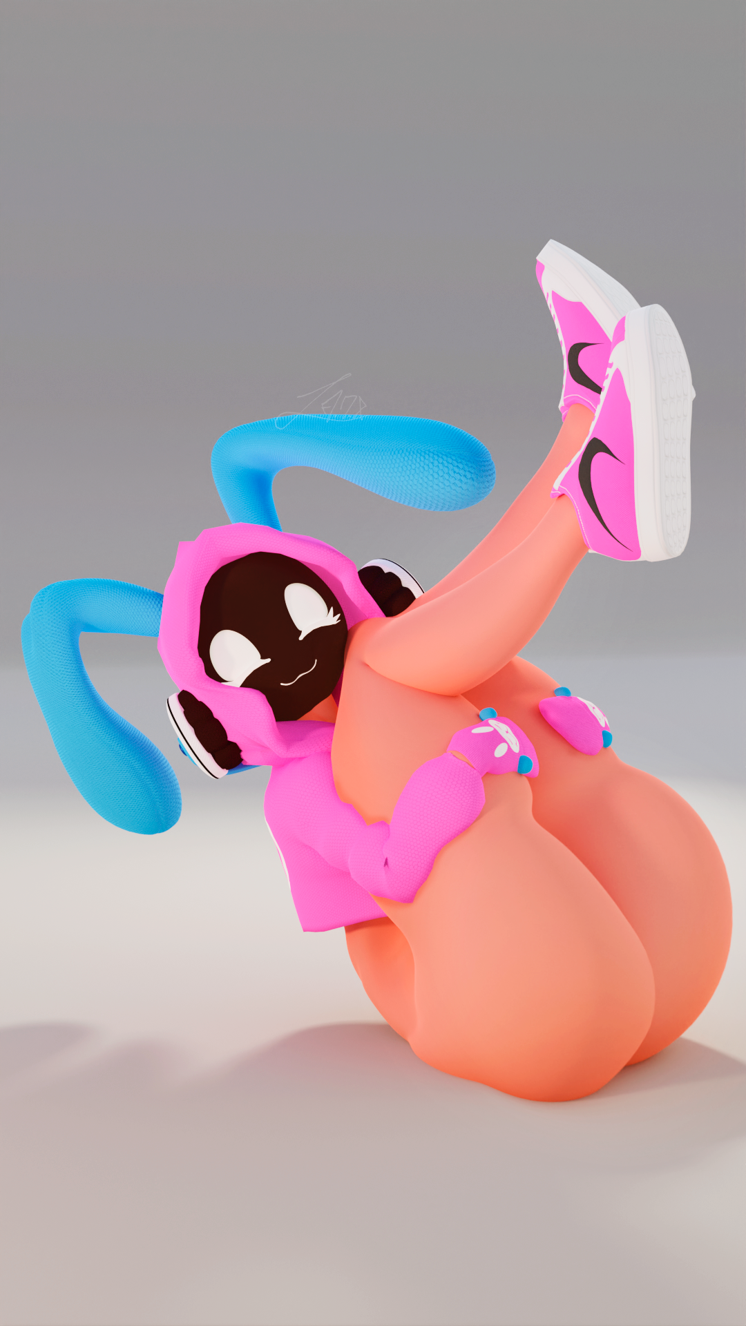 3d, adriandustred, ass, big ass, bunny ears, bunny girl, female, gloves, grey background, headphones, holding legs, jacket, koko (adriandustred), mittens, original character, pink clothing, pink hoodie, shoes, smile, sneakers, tagme, thick thighs