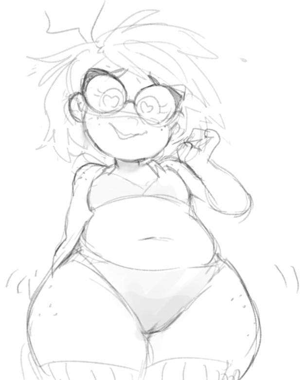 bra cameltoe chubby chubby_female female foursnail glasses heart-shaped_pupils motion_lines no_color overweight panties sketch thighs tummy uncolored