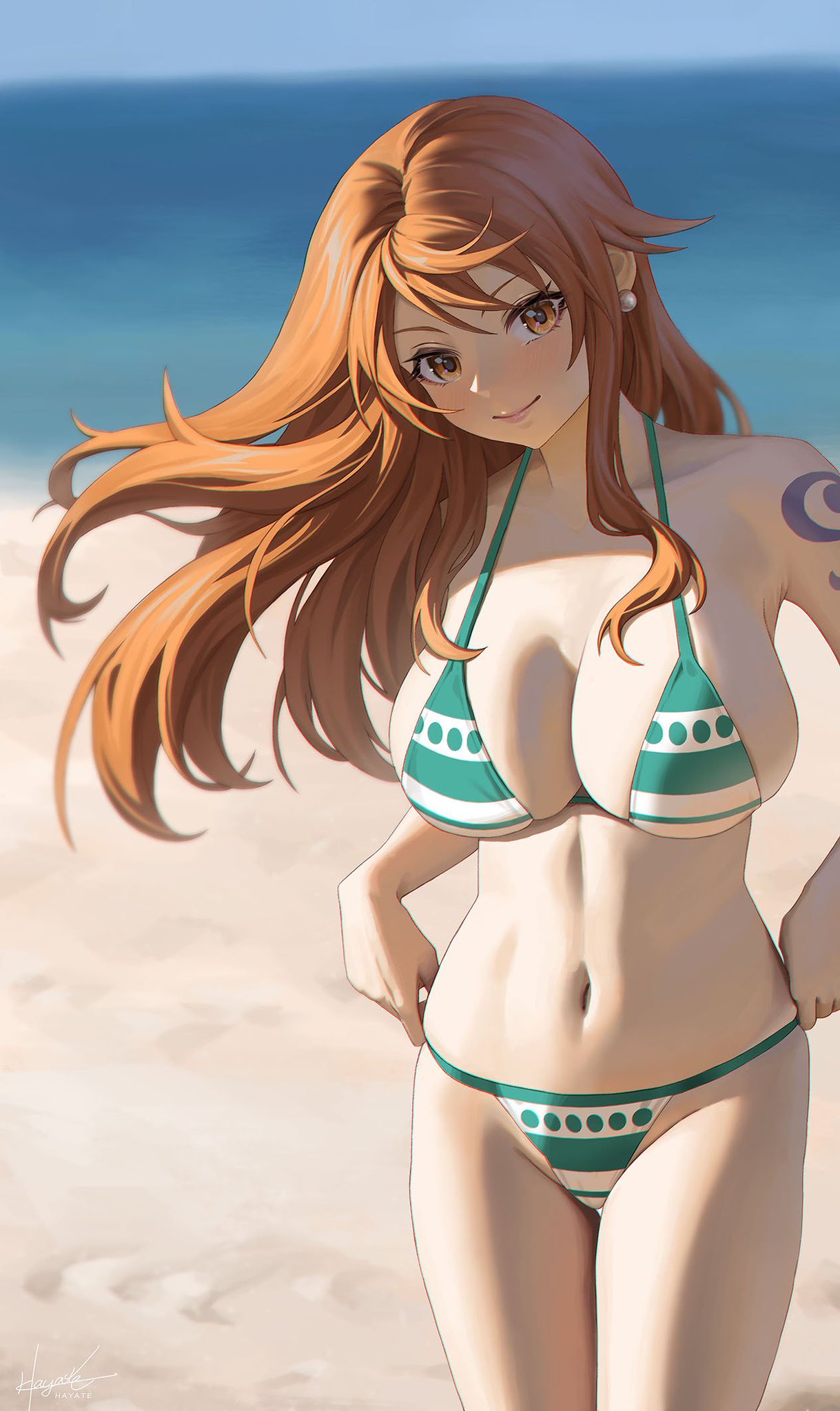 1girls, arm tattoo, beach, big breasts, bikini, bikini bottom, blue tattoo, breasts, busty, cleavage, day, female, female only, large breasts, leaf98k, long hair, looking at viewer, nami (one piece), navel, ocean, one piece, orange eyes, orange hair, orange-haired female, post-timeskip, smile, smiling at viewer, solo, striped bikini, swimsuit, tattoo