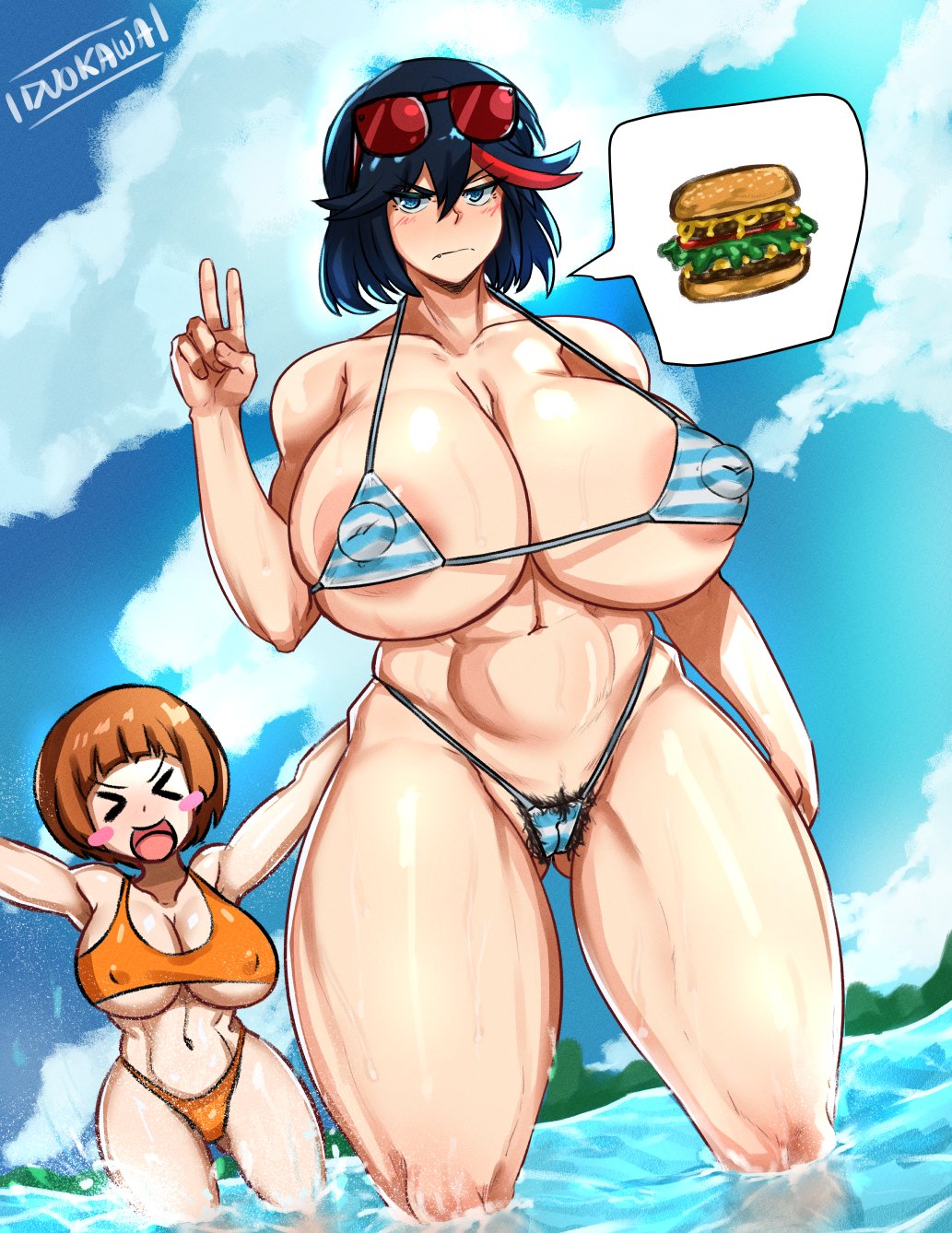 >_< 2girls beach big_breasts bikini blue_eyes breasts brown_hair cameltoe duo_kawa female female_only g-string g-string_only huge_breasts kill_la_kill mankanshoku_mako matoi_ryuuko micro_bikini nipple_bulge pubic_hair pubic_hair_peek short_hair thick_thighs thighs thought_bubbles venus_body wide_hips