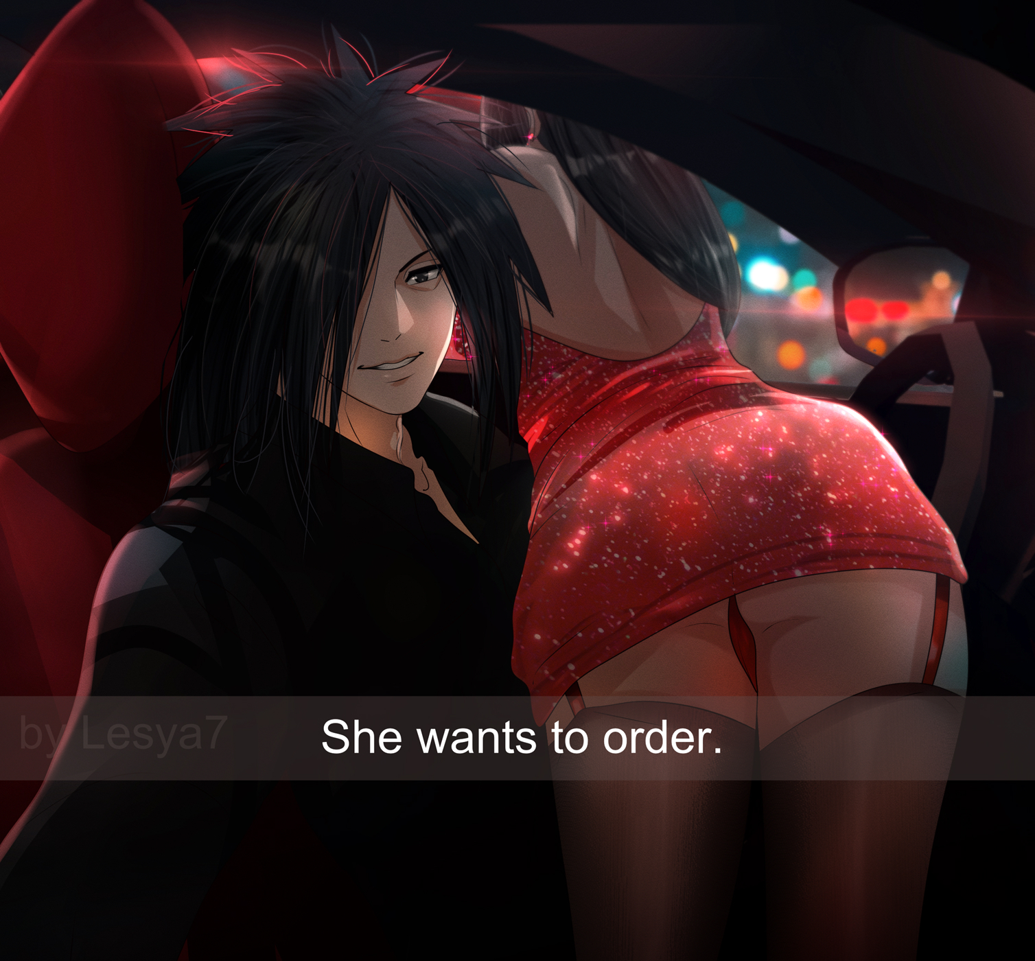 ass, backless, backless dress, backless outfit, big ass, black hair, car, dress, female, from behind, garter straps, hair over one eye, he wants to order, lesya7, long hair, looking at viewer, male, male/female, meme, minidress, naruto, naruto (series), naruto shippuden, original character, presenting, presenting ass, presenting partner, revealing clothes, selfie, she wants to order, shirt, skimpy, skimpy clothes, stockings, text, uchiha madara, vehicle, vehicle interior, window