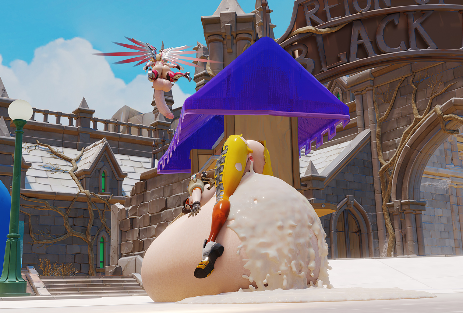 1futa, 1girls, 3d, after sex, bulge, cum, cum in pussy, duo, female, female focus, futanari, immobile, inflation, intersex, light skin, light-skinned female, light-skinned futa, mercy, overwatch, pussy, self upload, tracer, wxokky
