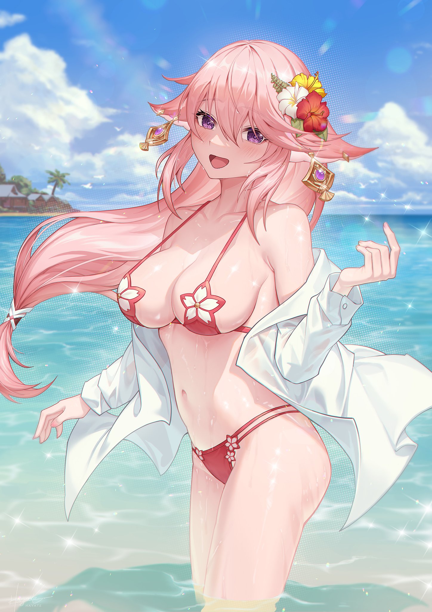 1girls, beach, big breasts, breasts, bulging breasts, curvaceous, curvy body, curvy figure, eyebrows visible through hair, female, female focus, genshin impact, leaf98k, light skin, light-skinned female, long hair, pink bikini top, pink hair, solo, solo female, thong, yae miko
