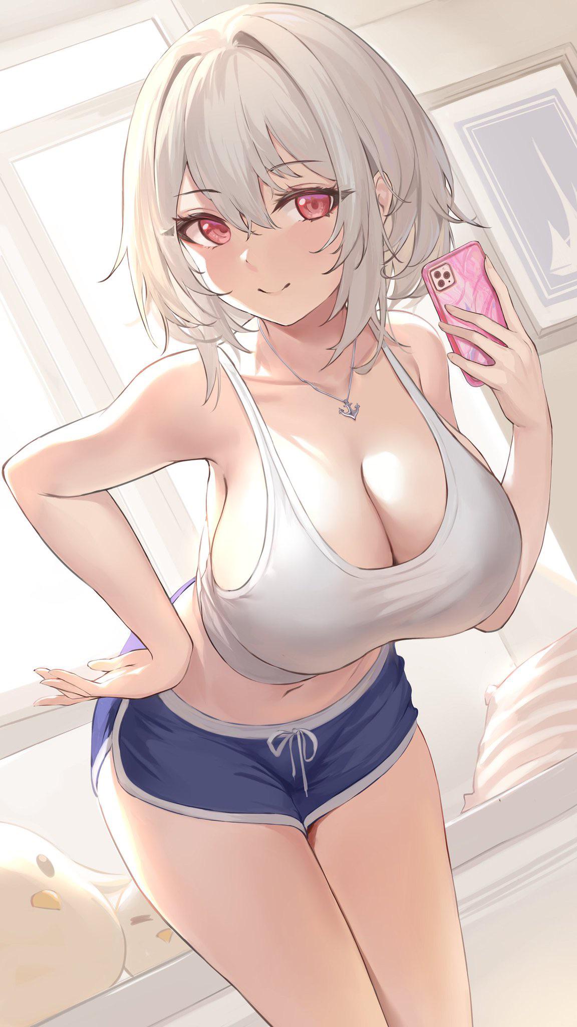 1girls alternate_costume artist_request azur_lane bangs bent_over big_breasts cellphone cleavage crop_top eyebrows_visible_through_hair female female_focus female_only huge_breasts large_breasts navel pdxen phone red_eyes selfie short_hair short_shorts sirius_(azur_lane) smartphone smile tank_top thick_thighs white_hair