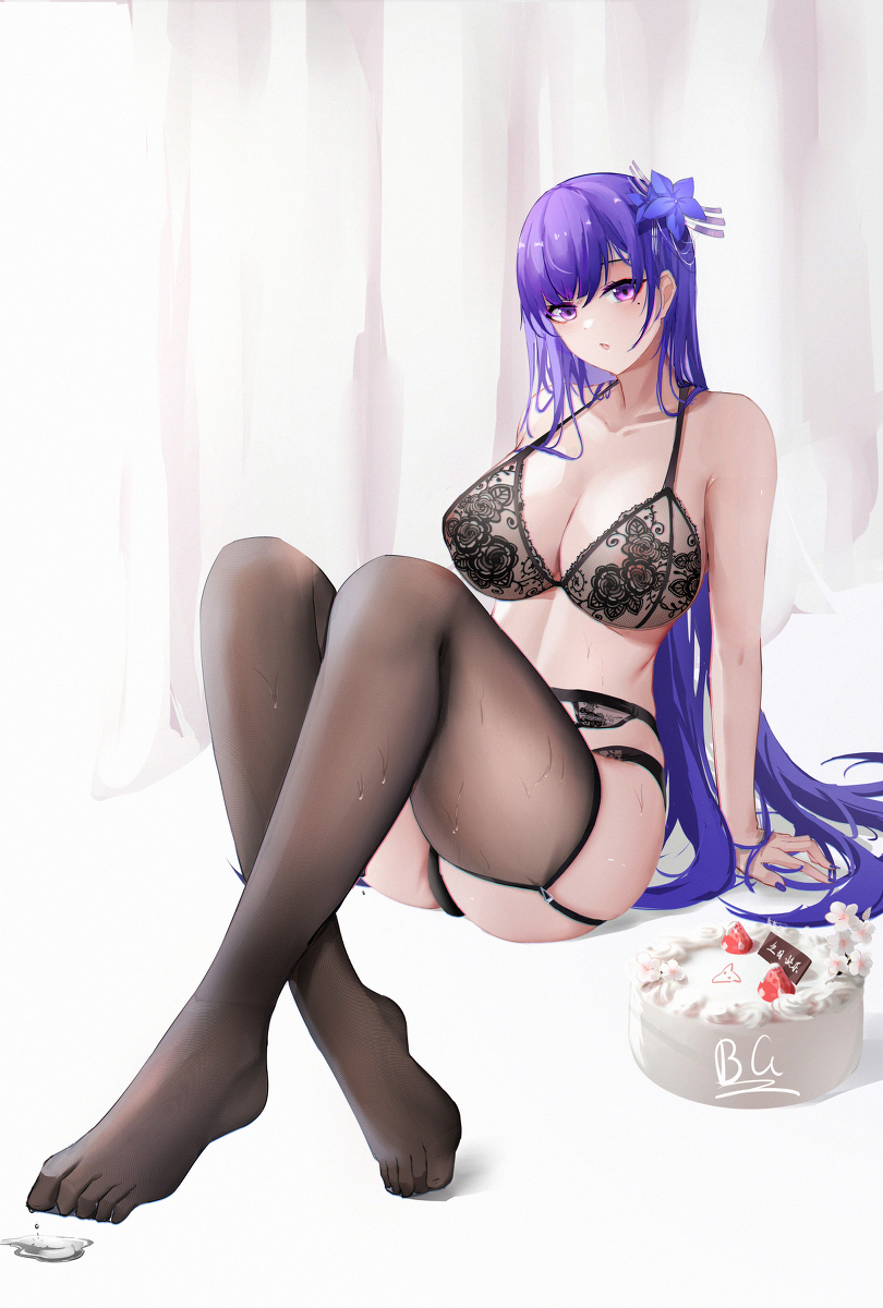 1girls ass beauty_mark bg_baige0 big_breasts breasts cake curves curvy feet female female_only flower flower_hair_ornament flower_in_hair food garter_belt garter_straps genshin_impact hair_on_floor huge_breasts large_breasts leggings light-skinned_female light_skin lingerie lingerie_only long_hair milf mole mole_under_eye purple_eyes purple_hair raiden_shogun stockings tagme thigh_highs thighhighs violet_eyes violet_hair