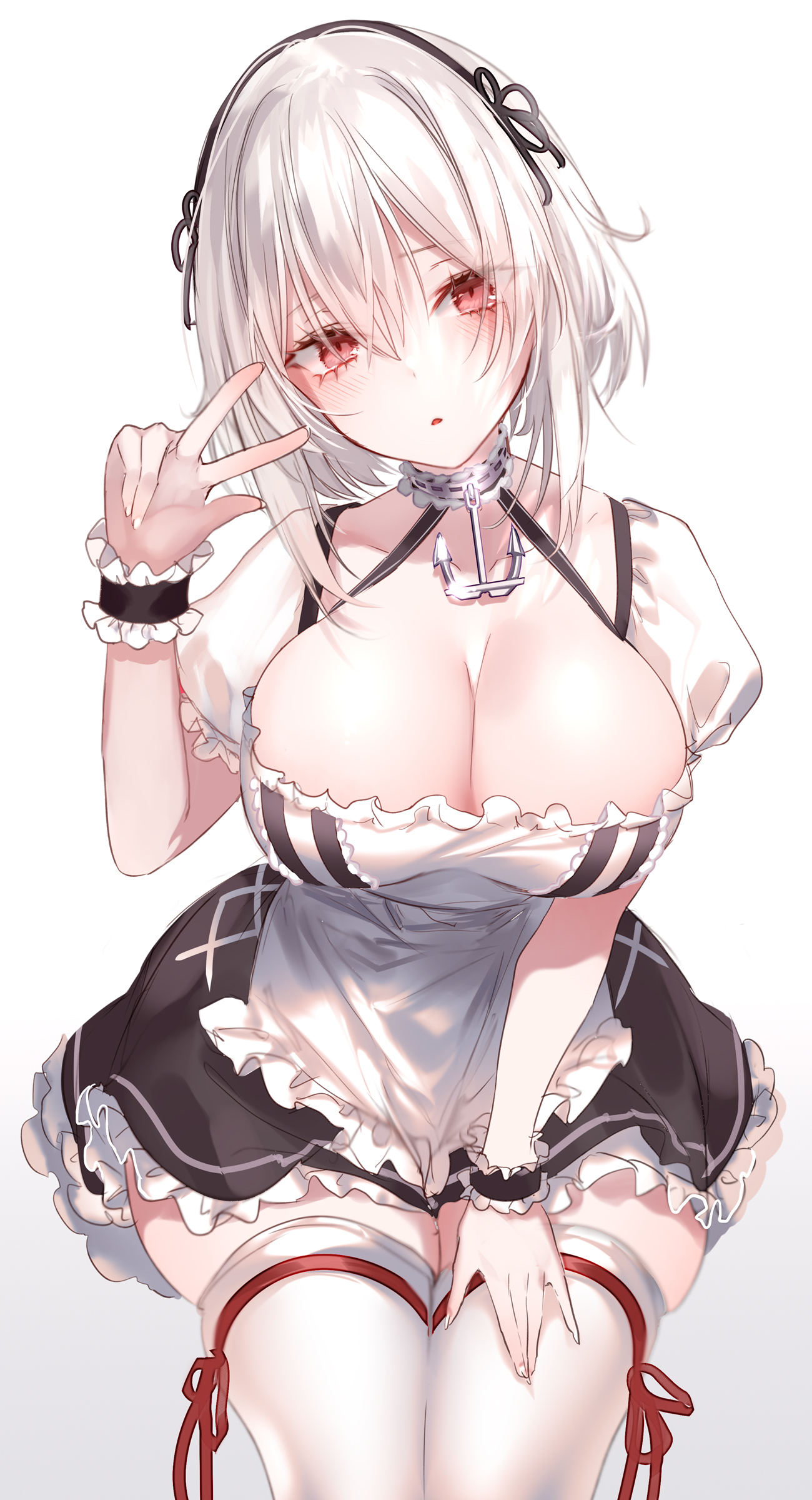 1girls, azur lane, big breasts, breasts, cleavage, female, female only, light skin, light-skinned female, maid uniform, pottsness, red eyes, royal navy (azur lane), sirius (azur lane), solo, thick thighs, white hair