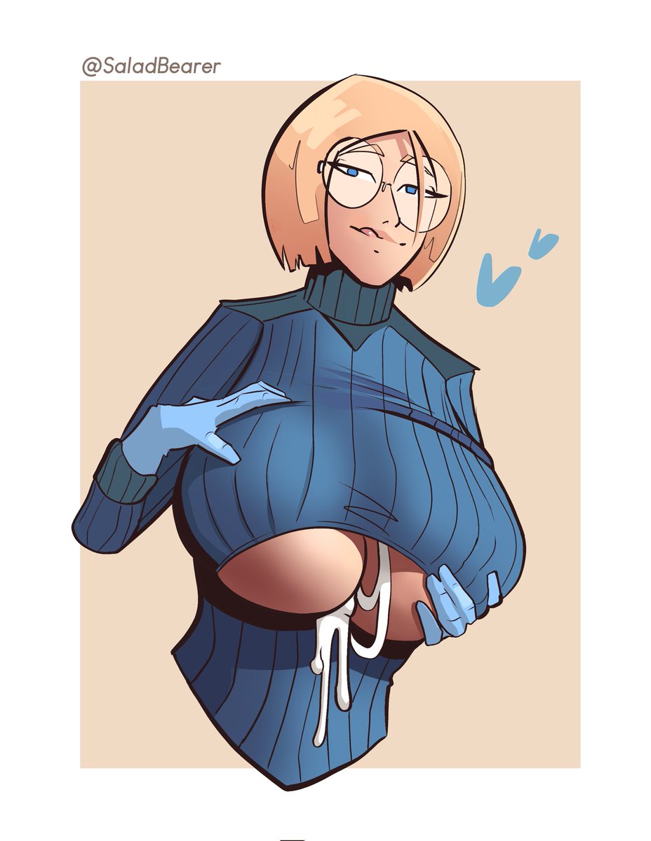1girls, 2d, after paizuri, big breasts, blonde female, blonde hair, breasts, cum between breasts, cum on breasts, female, female only, glasses, gloves, huge breasts, latex gloves, light skin, light-skinned female, looking at viewer, original character, saladbearer, short hair, white border