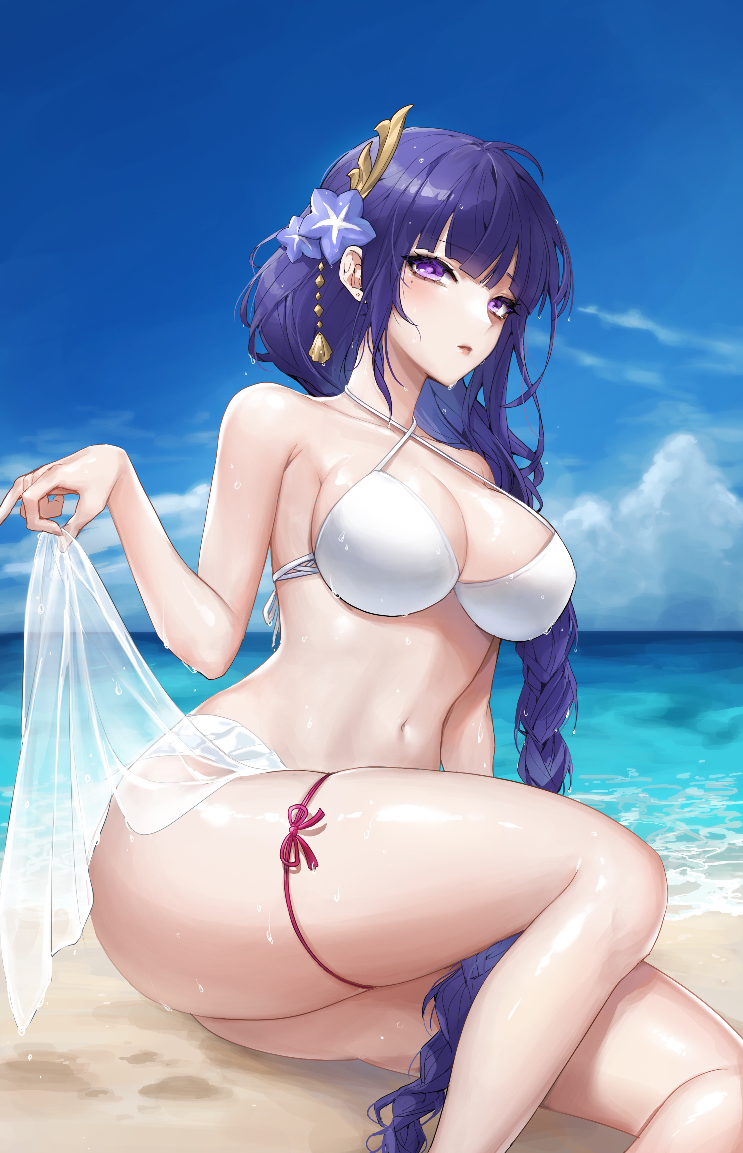 1girls, bare shoulders, beach, bikini, blush, braid, braided ponytail, breasts, cloud, female, genshin impact, hair flower, hair ornament, hirett, large breasts, leaning to the side, long hair, looking at viewer, mole, mole under eye, navel, outdoors, parted lips, purple eyes, purple hair, raiden shogun, sand, see-through, see-through skirt, sitting, skirt, skirt lift, sky, solo, stomach, swim skirt, thigh strap, thighs, water, wet, white bikini