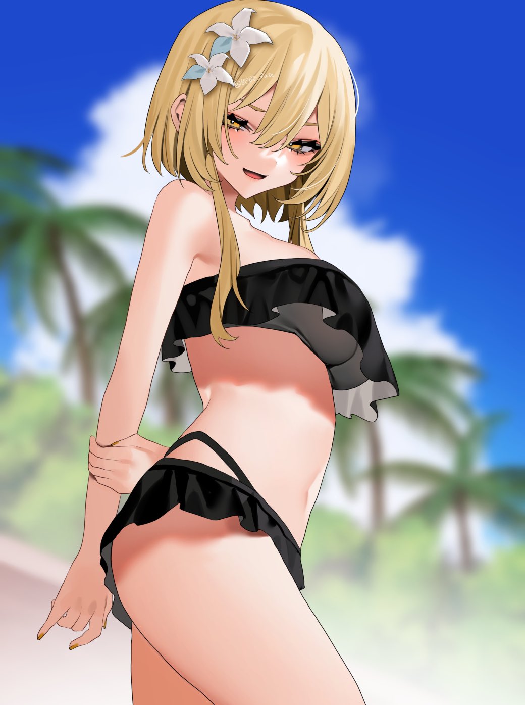 1girls arms_behind_back beach bebe_fate bebe_pp belly belly_button big_breasts black_swimsuit black_swimwear blonde_female blonde_hair blush blushing breasts ear female female_only flower flower_in_hair genshin_impact gold_eyes gold_hair golden_eyes golden_hair hands_behind_back holding_arm lumine_(genshin_impact) mouth_open nail_polish seductive seductive_eyes seductive_look seductive_smile short_hair sister swimsuit swimwear tagme tagme_(artist) thick thick_thighs thighs tummy twin yellow_nail_polish yellow_nails