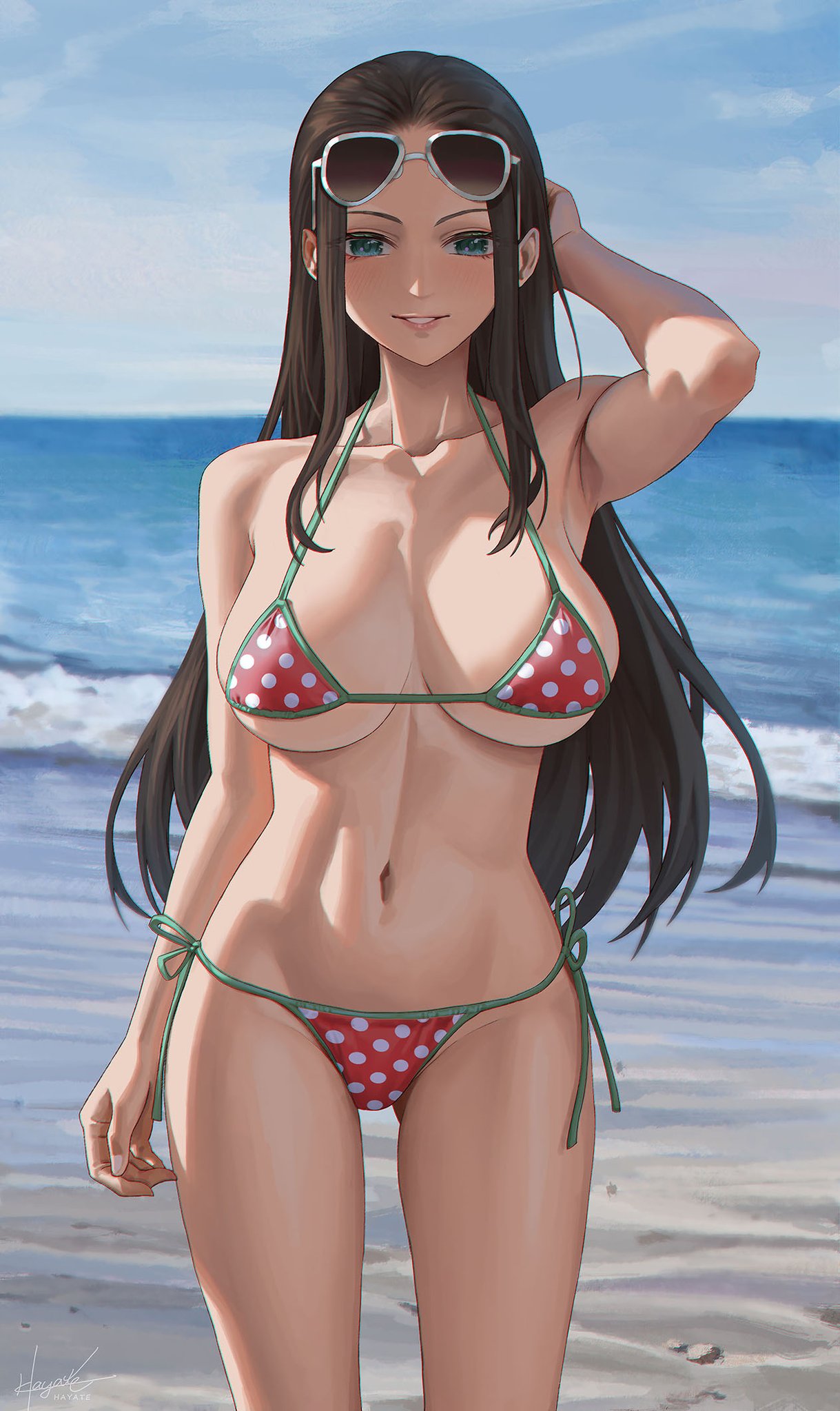 1girls, big breasts, black hair, black-haired female, breasts, bulging breasts, curvy, curvy body, curvy female, curvy figure, female, female only, glasses on head, leaf98k, long hair, looking at viewer, nico robin, one piece, seductive eyes, seductive look, solo, tagme