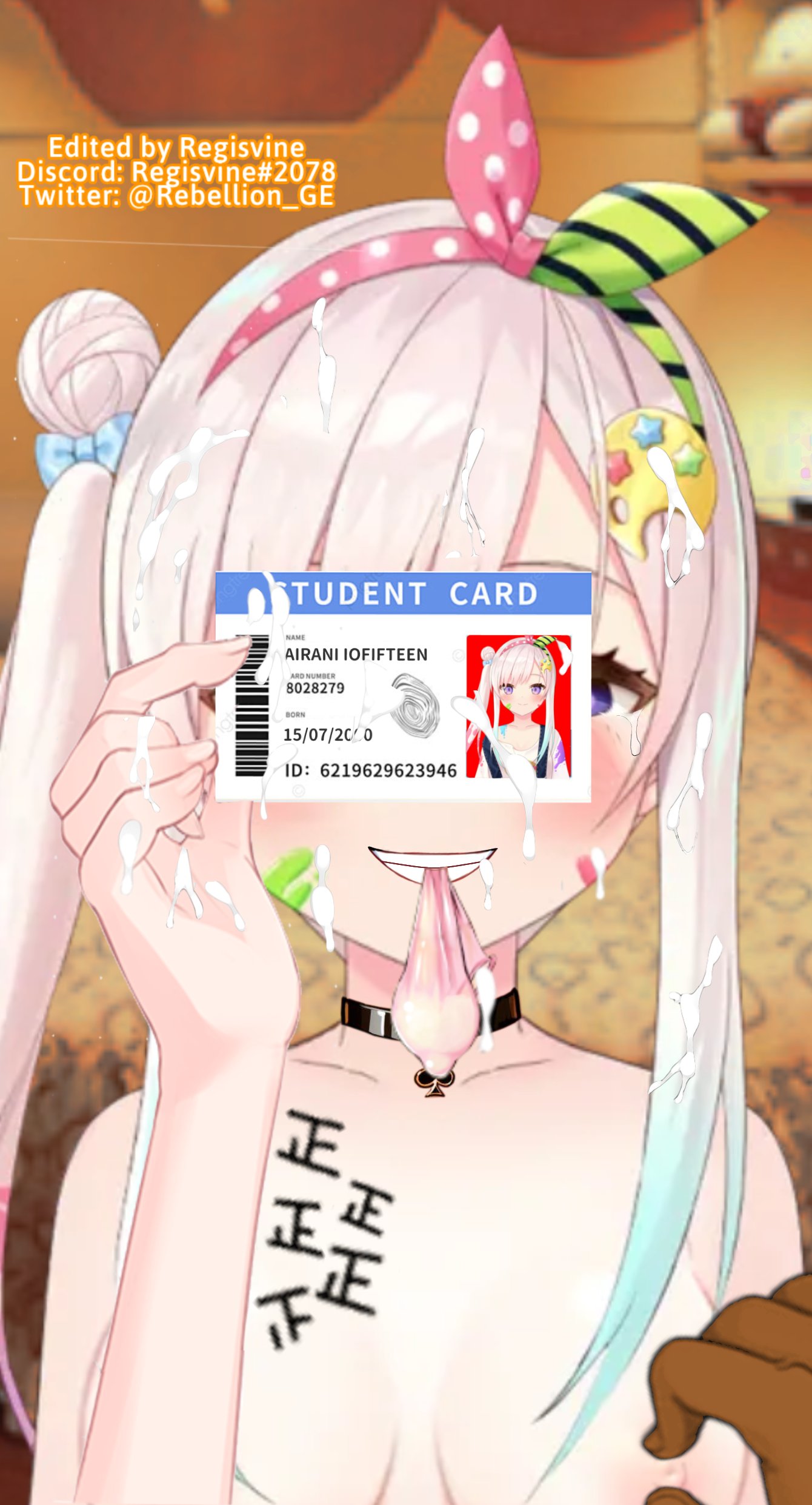 1girls accurate_art_style airani_iofifteen body_writing breasts card collar condom_in_mouth cum_on_face dark-skinned_male discord_tag eyes_covered female hololive hololive_indonesia hololive_indonesia_area_15 id_card light-skinned_female nipples nude_edit nude_filter pinching_nipples pov purple_eyes qos queen_of_spades regisvine2078 spade_choker student_id twitter_username used_condom virtual_youtuber