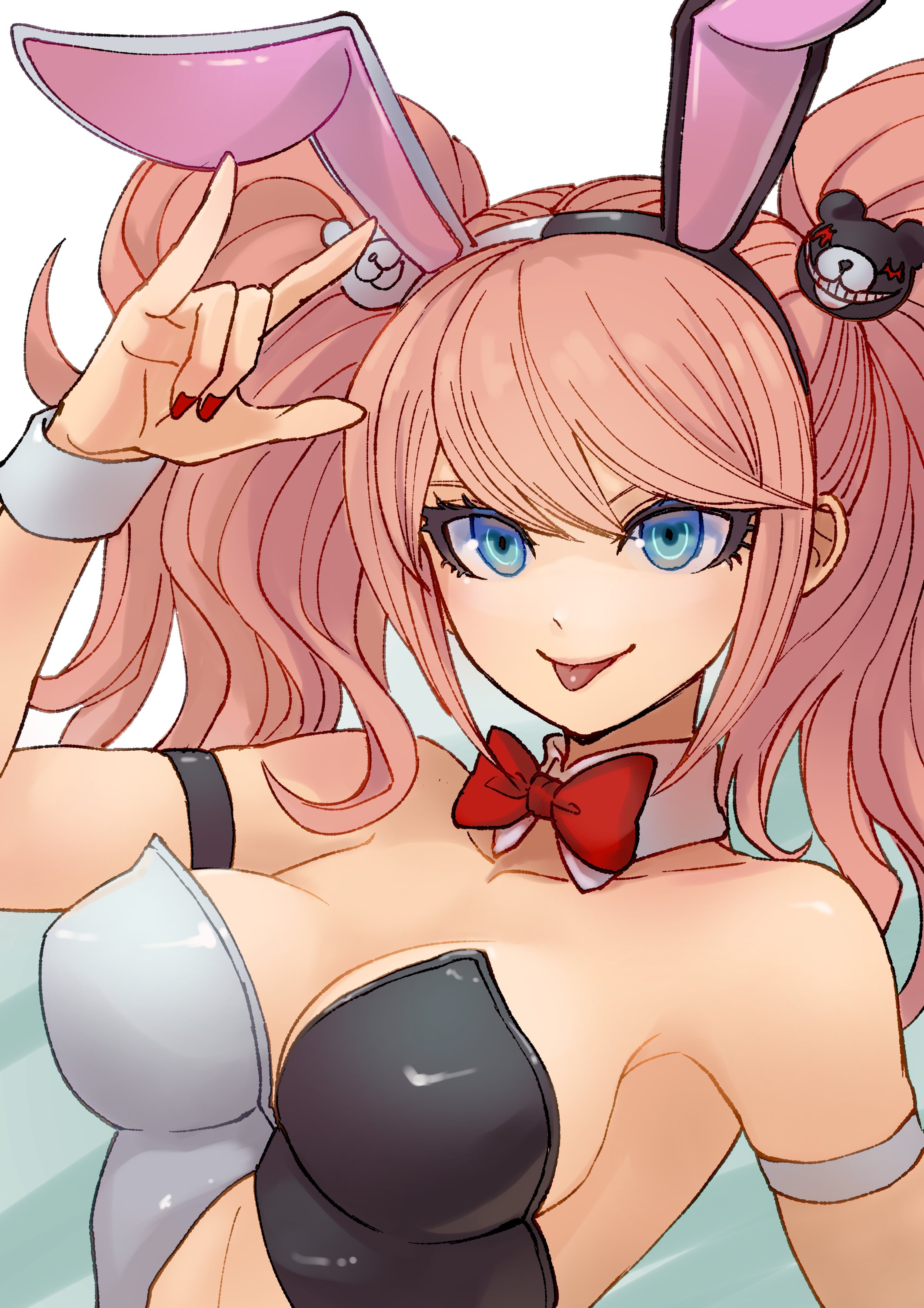 bowtie, breasts, bunny ears, bunny girl, bunnysuit, cleavage, danganronpa, danganronpa 1, danganronpa: trigger happy havoc, female, female only, junko enoshima, large breasts, smooth skin, tongue, tongue out, tsunemi aosa
