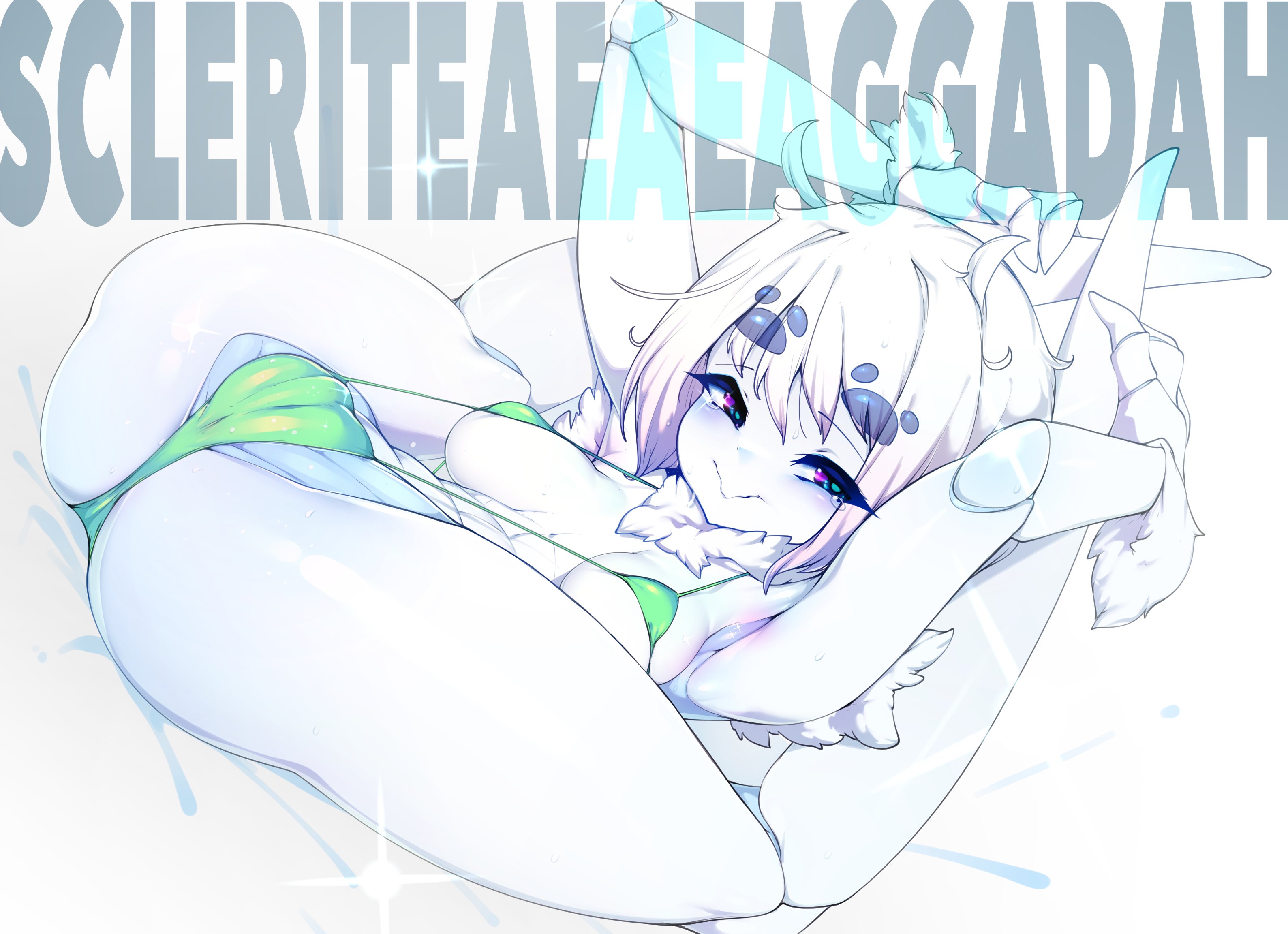bikini, cameltoe, feet behind head, feet up, female, insect girl, insect humanoid, original, original character, pussy, scleriteaeaeaggadah, sling bikini, slugbox, spread legs