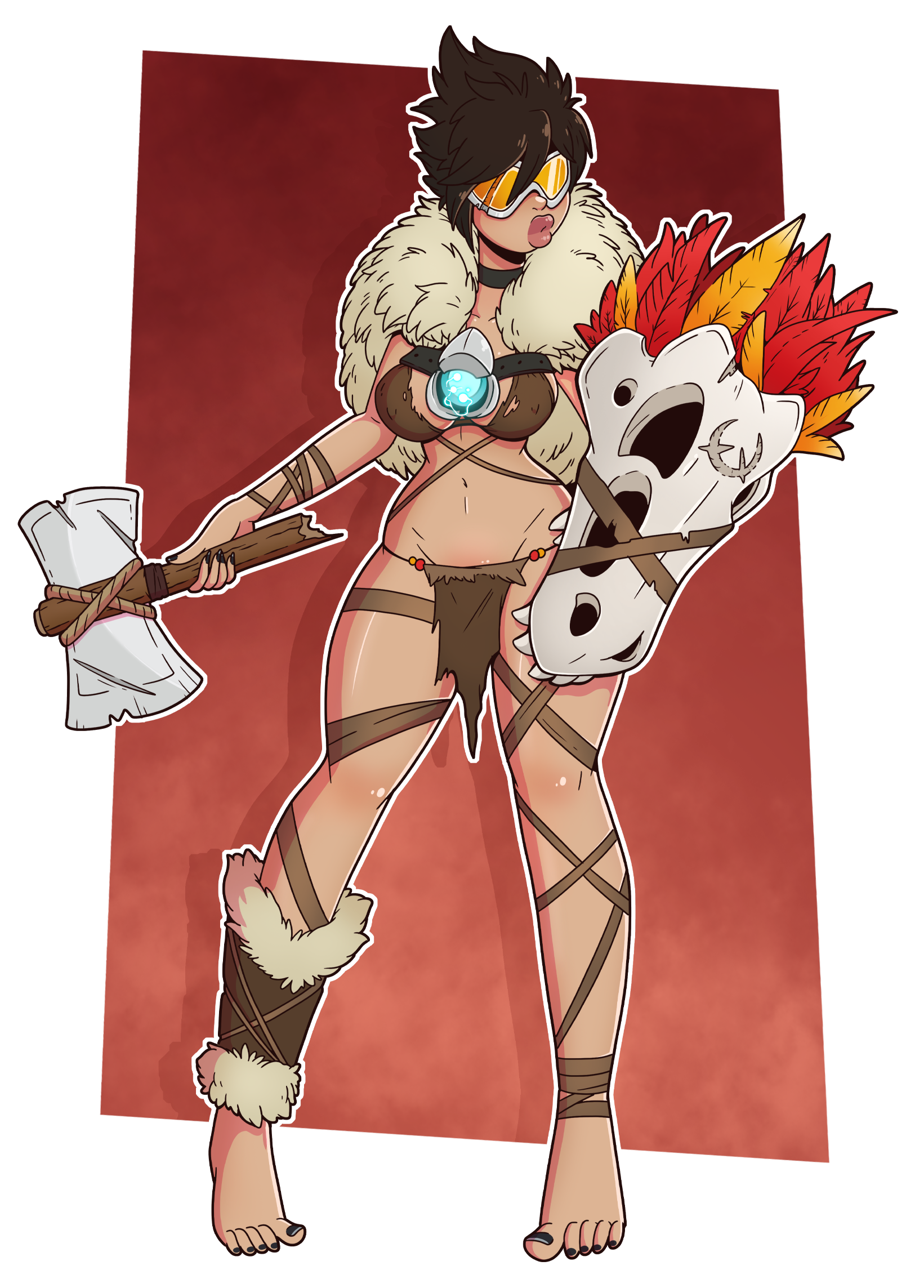 axe, barbarian, bimbo, bimbofication, black nails, broken glass, brown bikini, brown hair, cavewoman, devolution, feathers, female, female only, fur, glasses, lips, overwatch, red feathers, skull, tracer, wrenzephyr2