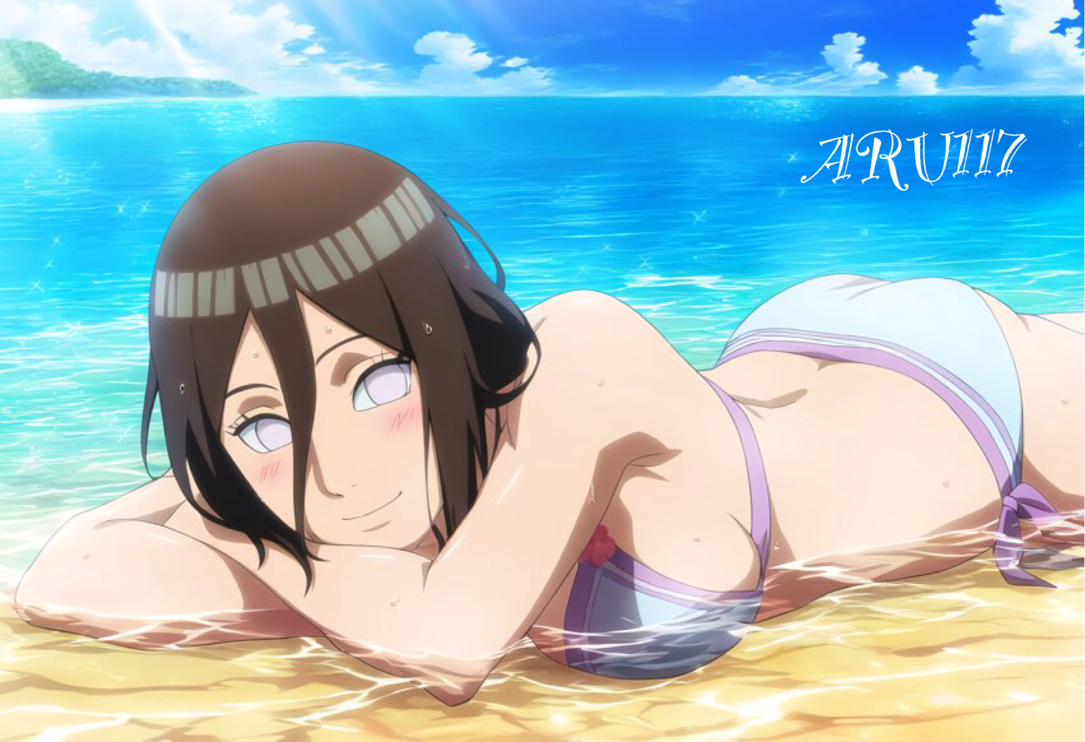 1girls, accurate art style, ai generated, artist name, aru117, ass, beach, big breasts, bikini, bikini bottom, bikini top, boruto: naruto next generations, bracelet, breasts, female, female only, hyuuga hanabi, light skin, light-skinned female, long hair, looking at viewer, lying, lying on stomach, nai diffusion, naruto, naruto (series), on stomach, partially submerged, petite, pixiv username, purple eyes, sand, seaside, side view, sideboob, smile, solo, solo focus, stable diffusion, swimsuit, water, watermark