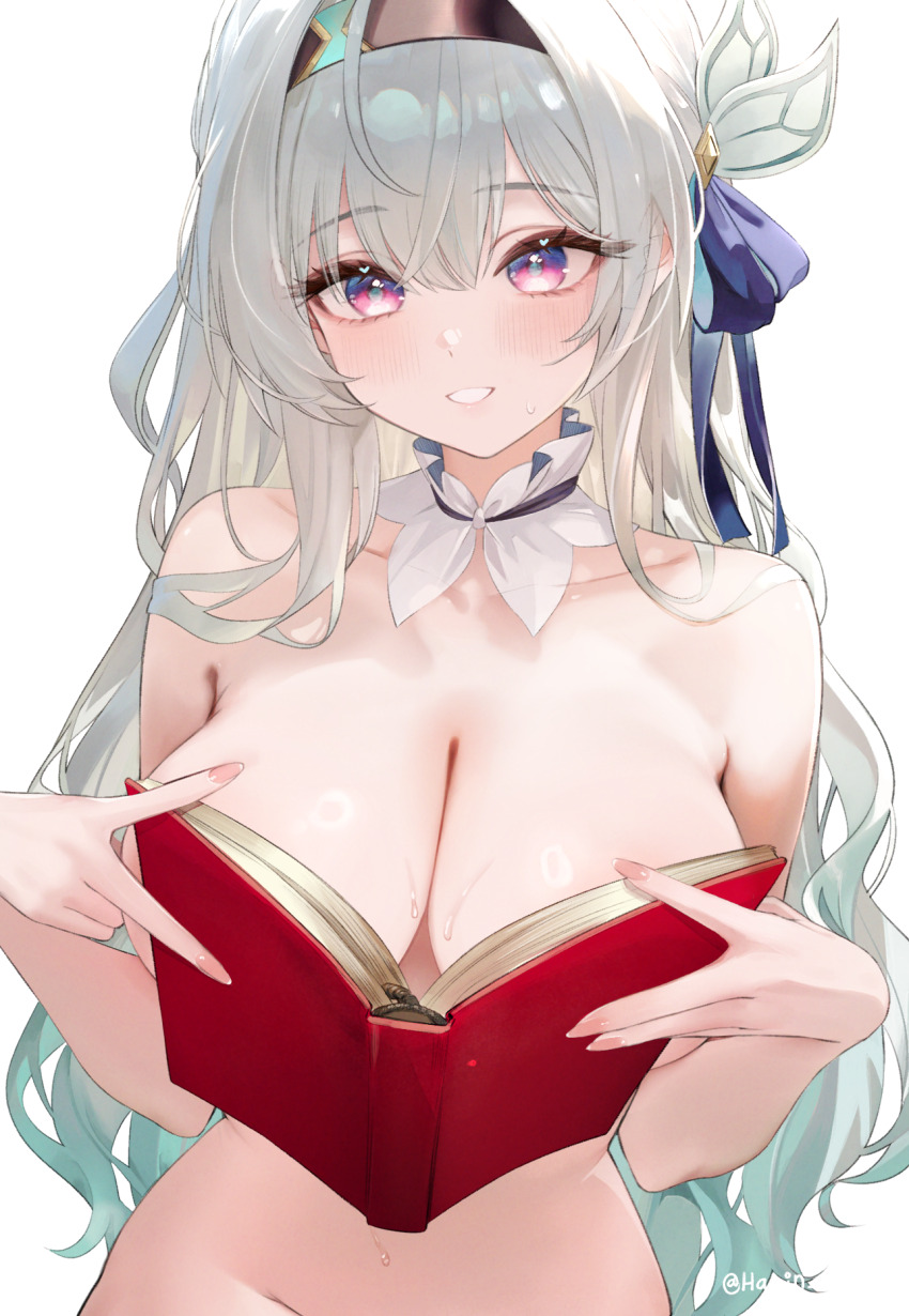 1girls, alternate version available, book, breasts, cleavage, covering breasts, female focus, female only, firefly (honkai: star rail), gradient hair, hair ornament, harin 05, headband, honkai: star rail, large breasts, long hair, looking down, multicolored eyes, ouch meme, parted lips, silver hair, simple background, solo, solo female, upper body, upper body focus, upper body only, white background