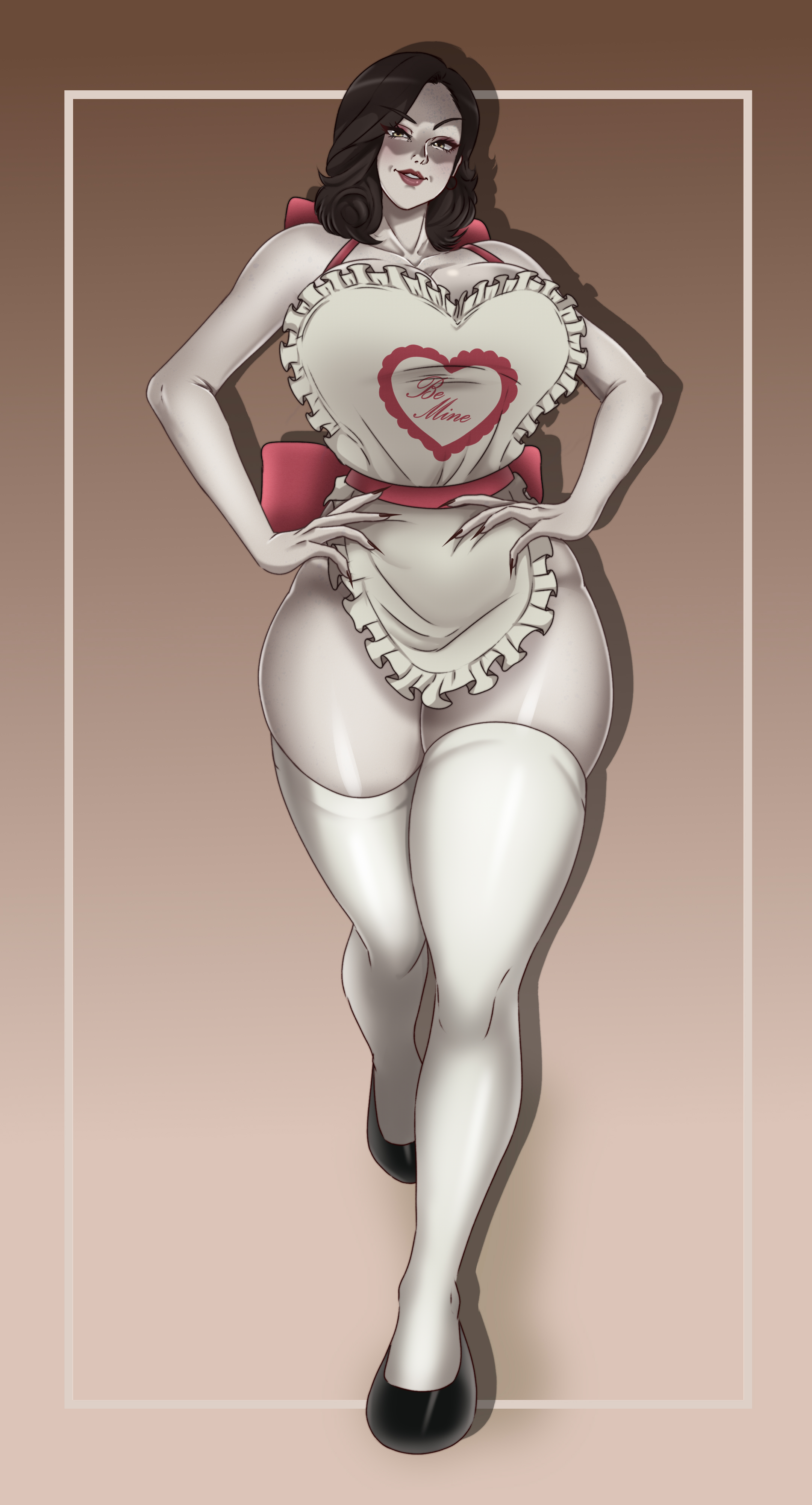 1girls, alcina dimitrescu, alternate version available, apron, apron only, big breasts, black hair, breasts, capcom, female, huge breasts, leux 21, light skin, light-skinned female, looking at viewer, mature female, milf, pale skin, pale-skinned female, resident evil, resident evil 8: village, solo, taller female, thick thighs, valentine's day, voluptuous, voluptuous female, wide hips