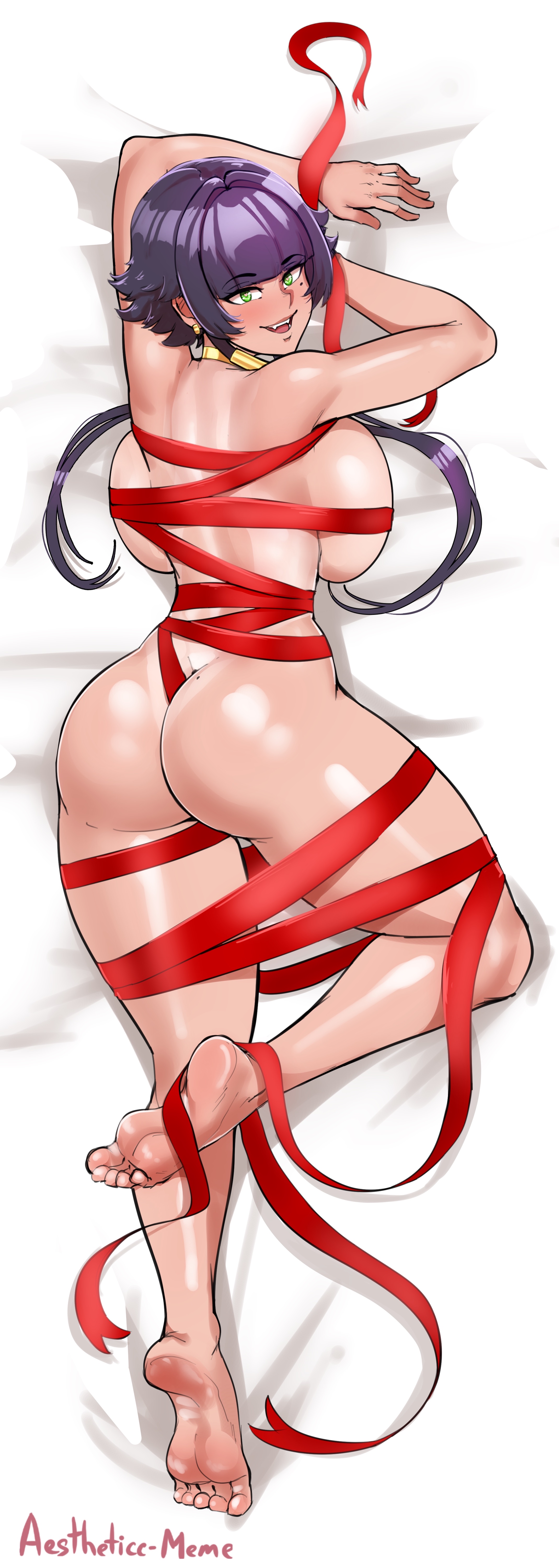 1girls, 2022, absurd res, aestheticc-meme, alex/tomboy-chan, ass, backboob, black hair, breasts, dakimakura, dakimakura design, female, female only, full body, green eyes, hips, huge ass, huge breasts, light skin, light-skinned female, naked ribbon, on stomach, original, ribbon, ribbons, slim waist, solo, thick thighs, thighs, tomboy, wide hips