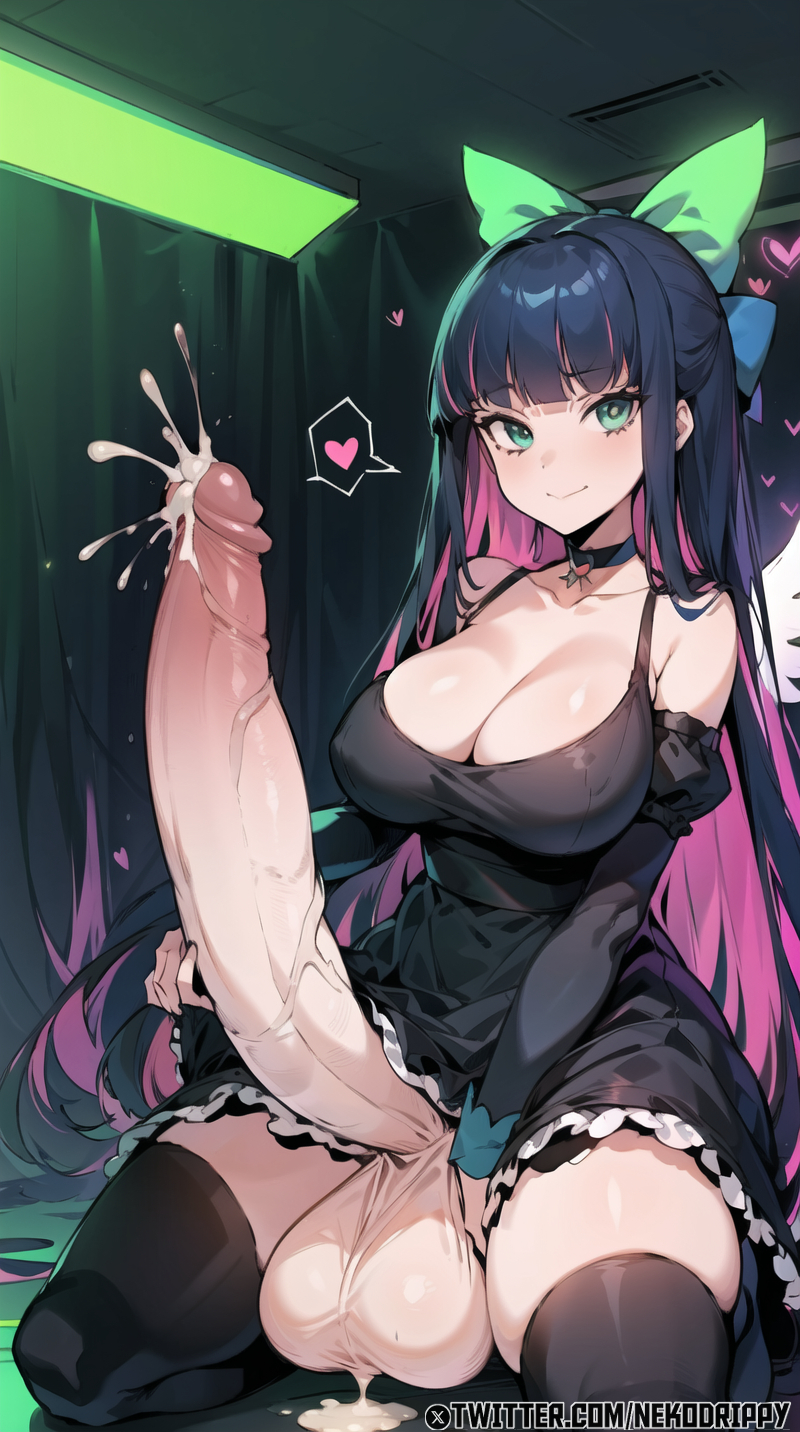 1futa, 2024, ai generated, ball (object), balls, bangs, big balls, big breasts, big penis, big testicles, blue eyes, blush, bodily fluids, breasts, curvy, dark blue hair, dickgirl, dress, fallen angel, from below, futa only, futanari, hair ribbon, hands behind head, high resolution, highres, horse penis, indoors, intersex, legwear, light skin, light-skinned futa, lips, long hair, long sleeves, looking at viewer, multicolored hair, nekodrippy, panty & stocking with garterbelt, penis, penis bigger than body, pink hair, precum, self upload, slight blush, smile, solo, solo focus, solo futa, stable diffusion, stocking anarchy, stockings, sunlight, testicles, thick thighs, thighhighs, uncensored, vein, veins, veiny, veiny penis, voluptuous, voluptuous futa, wide hips