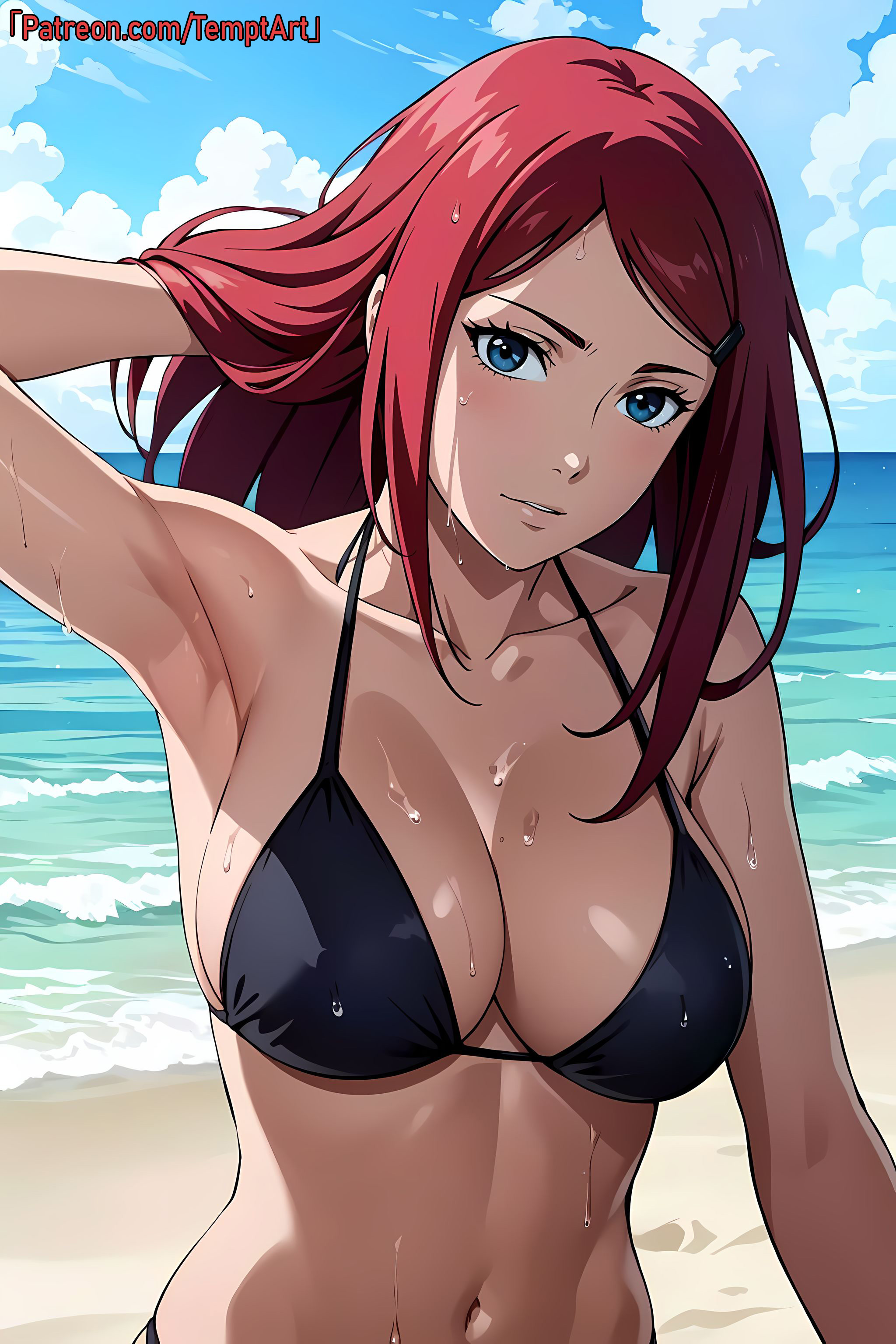 1girls, ai generated, beach, big breasts, bikini, bikini bottom, bikini top, blue eyes, blush, breasts, cleavage, facing viewer, female, female focus, front view, huge breasts, large breasts, light skin, light-skinned female, long hair, maroon hair, mature, mature female, midriff, milf, nai diffusion, naruto, naruto (series), naruto shippuden, outdoors, patreon username, red hair, revealing swimsuit, seaside, shiny, shiny hair, shiny skin, skimpy, skimpy bikini, stable diffusion, swimsuit, temptart, url, uzumaki kushina, very long hair, watermark, web address