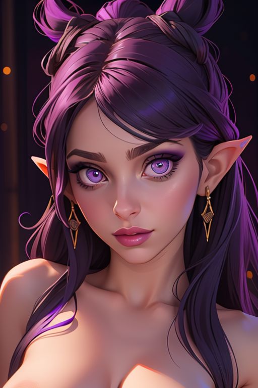 ai_generated breasts elf_ears elf_female large_breasts looking_at_viewer paladins purple_eyes purple_hair short_hair skye_(paladins) smile stable_diffusion