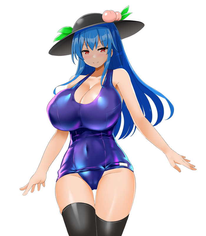 alternate_breast_size blue_hair breasts female hinanawi_tenshi honda_takaharu large_breasts red_eyes school_swimsuit solo swimsuit tenshi_hinanawi touhou transparent_background