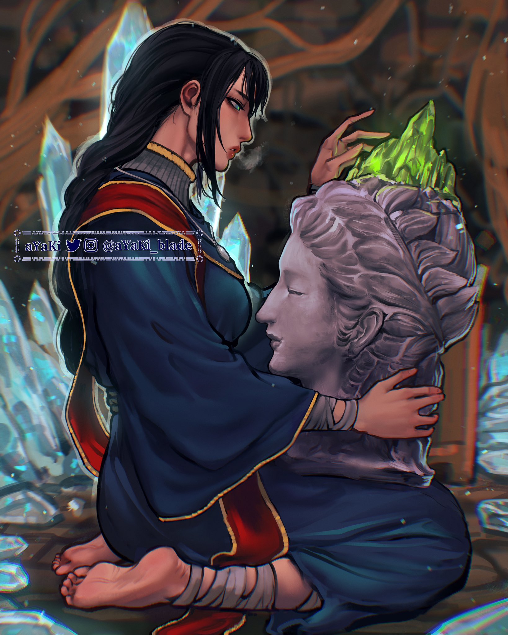 ayaki, ayaki777, barefoot, black hair, blue eyes, clothed female, elden ring, feet, female, female only, foot fetish, fromsoftware, kneeling, soles, sorceress sellen, statue