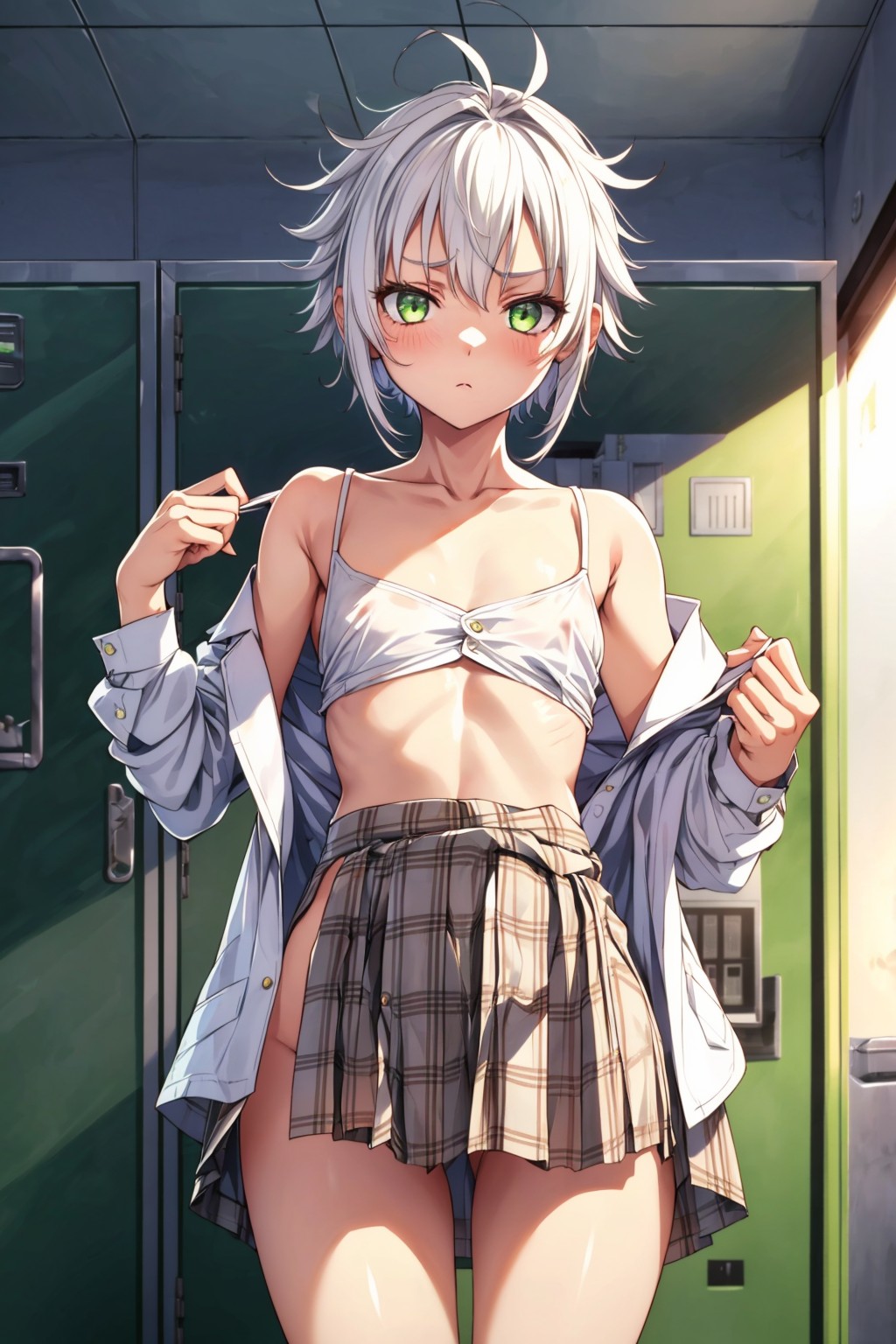 1girls ai_generated blush bra eiyuu_densetsu fie_claussell green_eyes locker locker_room lockers school_girl school_uniform schoolgirl sen_no_kiseki short_hair skirt small_breasts trails_of_cold_steel undressed undressing undressing_self white_hair