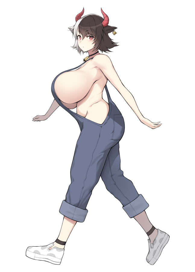 animal_ears bare_shoulders bell breasts cow_ears cow_girl cow_horns cowbell diisuke ear_ring female from_side full_body horns huge_breasts looking_at_viewer naked_overalls no_socks overalls short_hair sideboob solo split-color_hair split_dyed_hair touhou urumi_ushizaki ushizaki_urumi walking white_background