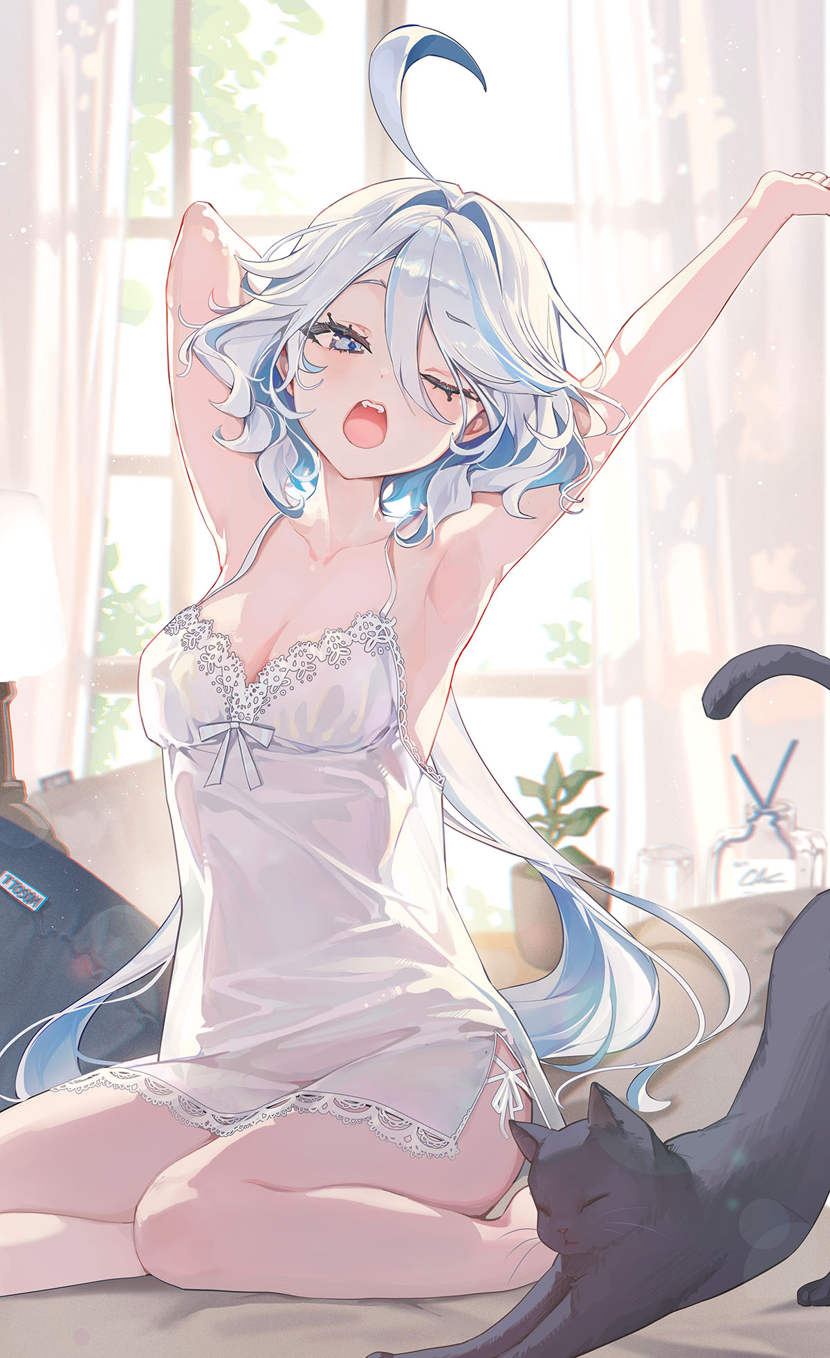 1girls, ahoge, armpits, arms up, bedroom, blue eyes, blue hair, breasts, cleavage, dress, feline, female, furina (genshin impact), genshin impact, one eye closed, open mouth, pajamas, small breasts, solo, solo female, stretching, waking up, window