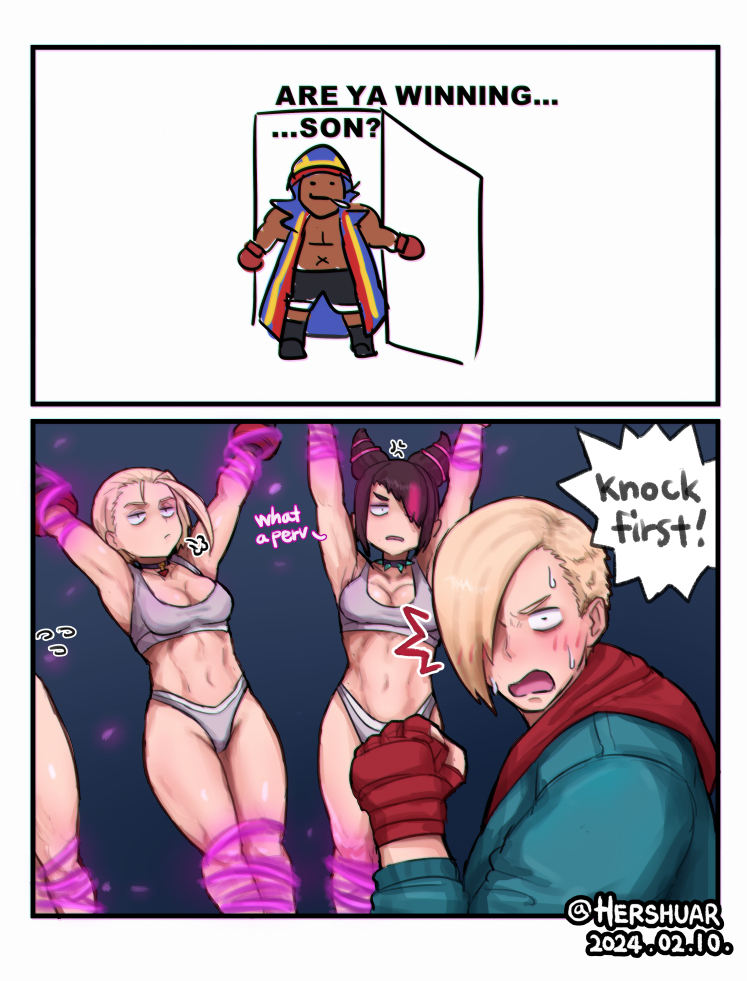 2boys 2koma 3girls are_ya_winning_son arms_up artist_name athletic_female balrog barely_clothed blonde_hair blush bondage bound bound_arms breasts cammy_white captured captured_heroine captured_villainess cleavage comic damsel_in_distress dark-skinned_male dark_skin dated defeated defeated_heroine defeated_villainess defiant defiant_sub dialogue domination ed_(street_fighter) embarrassed english_text enslaved female femsub forced forced_exposure forced_submission hair_horns helpless hershuar human_punching_bag humiliation juri_han kidnapped maledom meme multiple_females multiple_girls panels panties questionable_consent restrained sex_slave short_hair slave slavegirl speech_bubble spiked_choker street_fighter street_fighter_6 submissive submissive_female text unhappy unhappy_female villainess