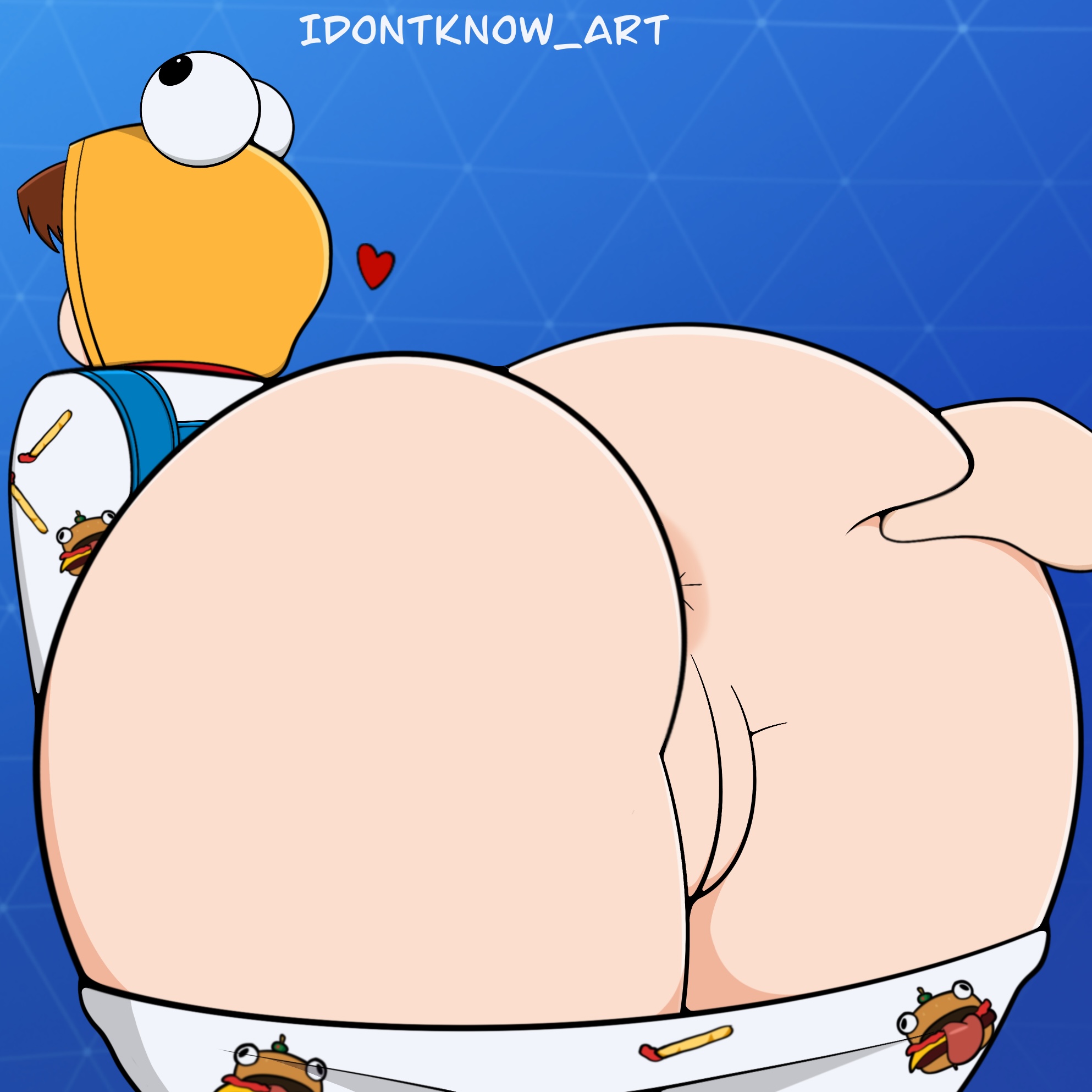 1girls, anus, artist name, ass, ass grab, bent over, big ass, brown hair, epic games, female, fortnite, fortnite: battle royale, heart, hood, hood up, idontknow art, large ass, light skin, light-skinned female, offscreen character, onesie (fortnite), pants down, pussy, self upload, tagme