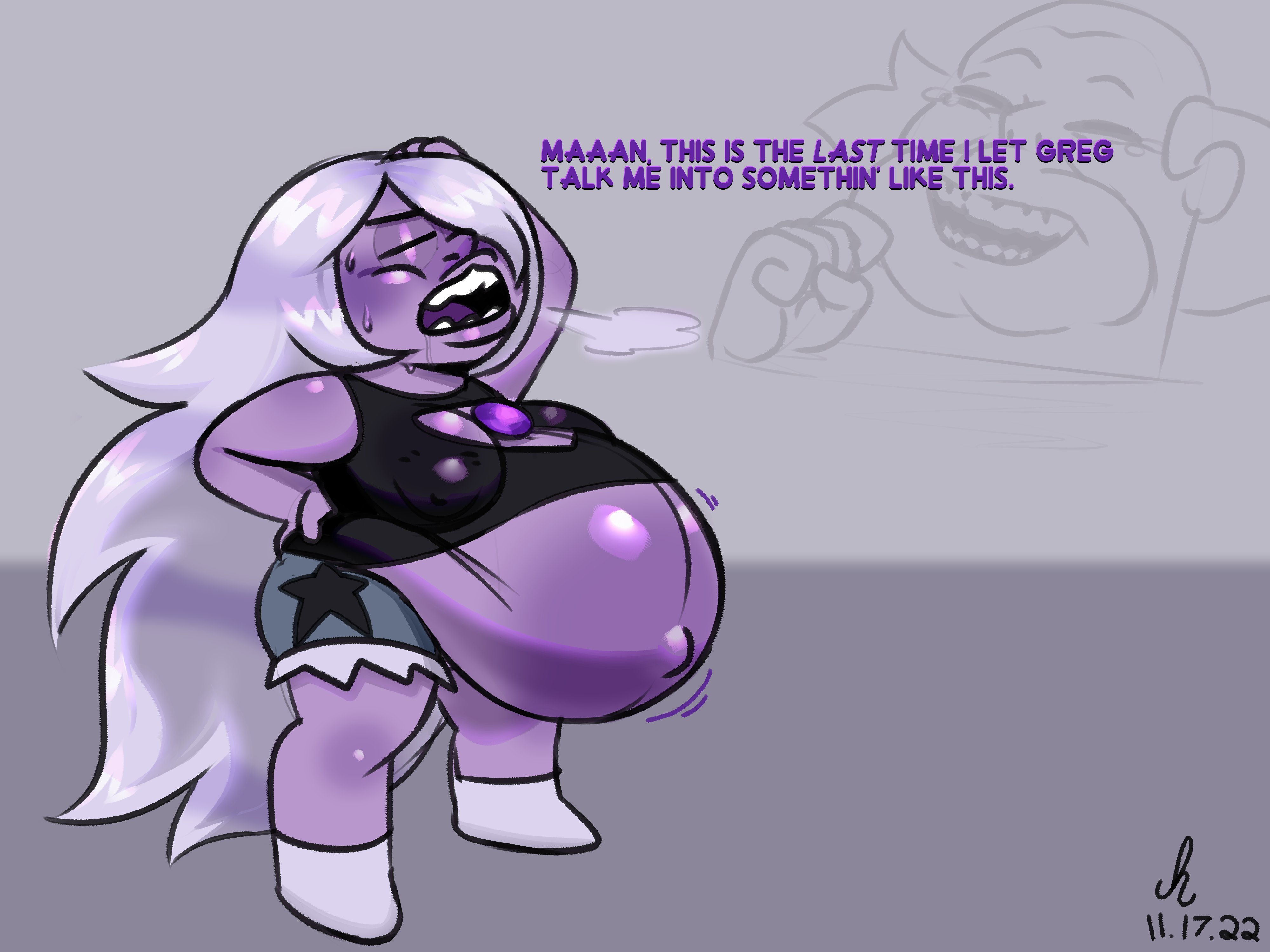 1girls, amethyst (steven universe), belly, big belly, big breasts, breasts, cartoon network, dialogue, disproportional, female, gem (species), greg universe, hyper belly, hyper pregnancy, nipple bulge, outie navel, pierump, pregnant, purple skin, solo, solo female, steven universe, text