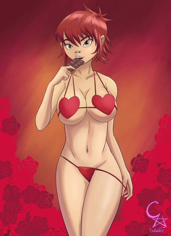 asian_female bra chocolate cockstar_studios gorillaz heart-shaped_pasties lingerie noodle_(cracker_island) noodle_(gorillaz) red_hair valentine's_day