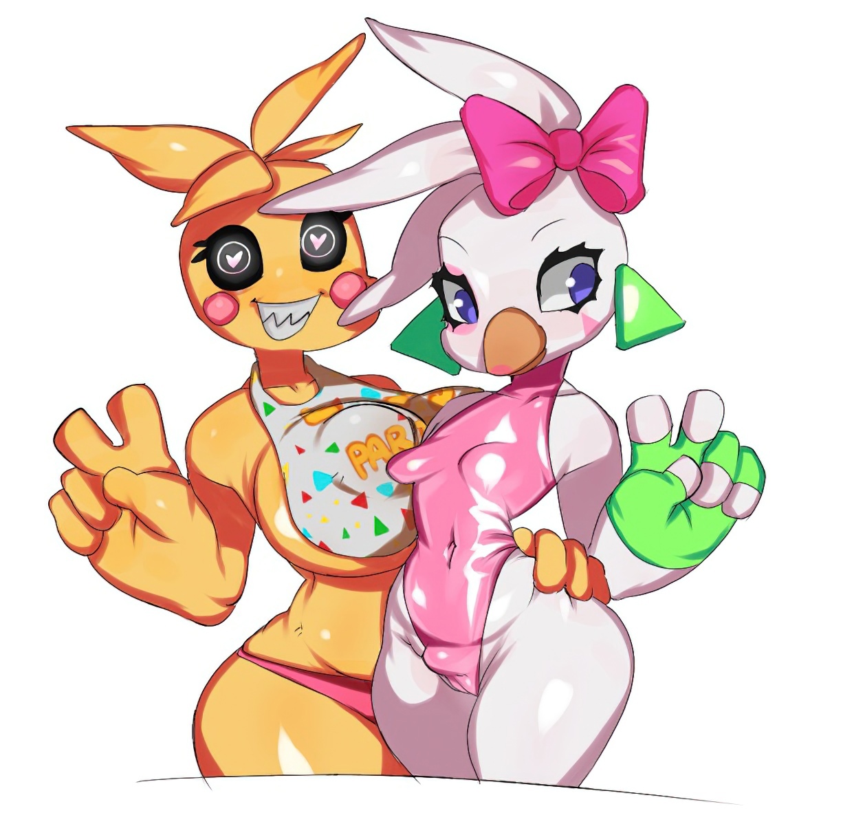 2girls, annacrazytoivo, big breasts, breasts, duo, female, female only, five nights at freddy's, glamrock chica (fnaf), latex, multiple females, multiple girls, nipples, panties, peace sign, pink panties, toy chica (fnaf), white background, wide hips