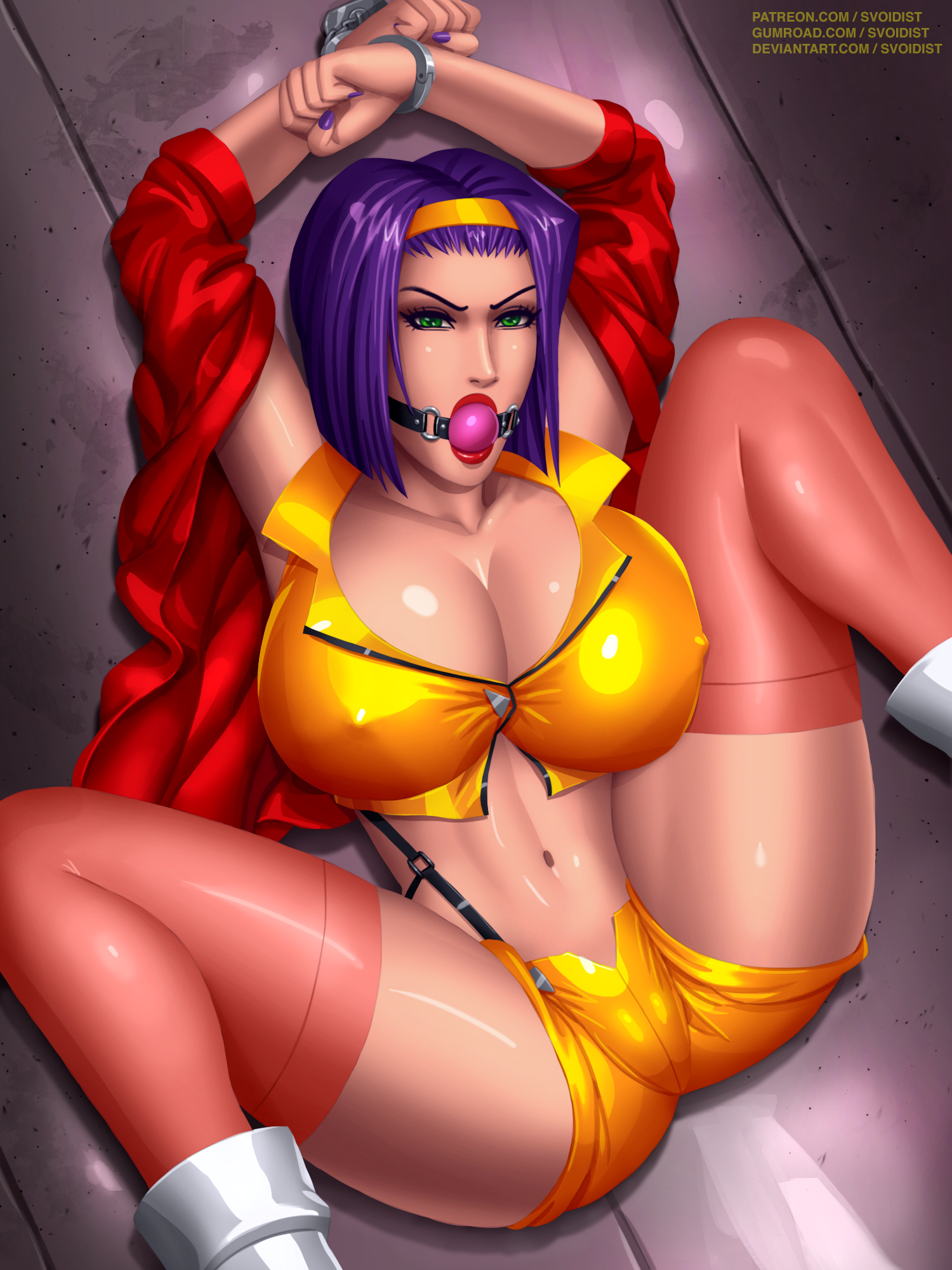 1girls, bondage, breasts, cleavage, cowboy bebop, faye valentine, female, female only, gag, green eyes, hairband, huge breasts, human, large breasts, legs apart, light skin, light-skinned female, medium hair, pale skin, pale-skinned female, purple hair, restrained, short hair, solo, spread legs, svoidist, thighhighs, voluptuous
