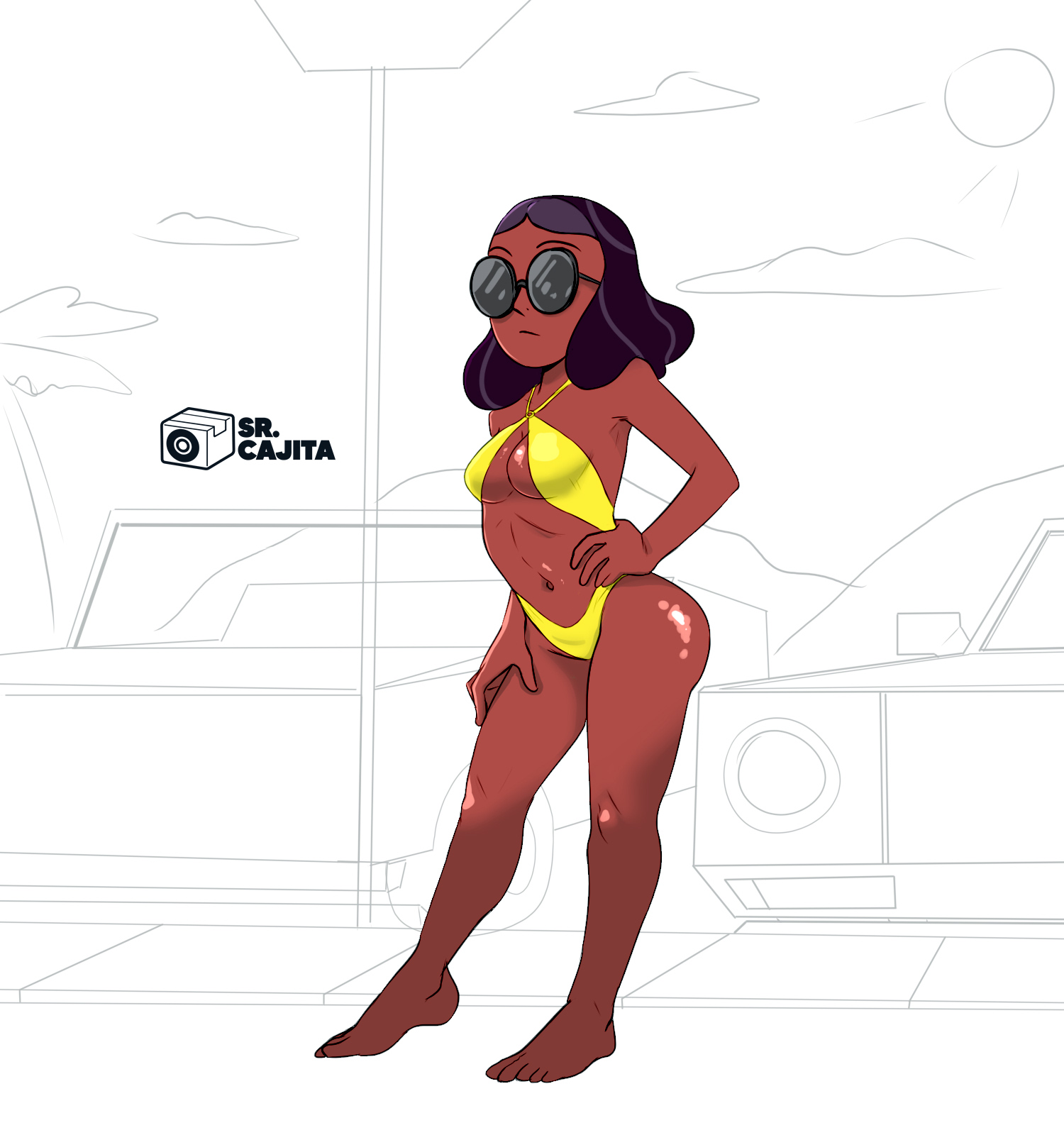 1girls, bikini, black hair, breasts, cartoon network, dark skin, dark-skinned female, female, female focus, female only, long hair, mature female, medium breasts, milf, mother, mrboxartist, priyanka maheswaran, steven universe, sunglasses