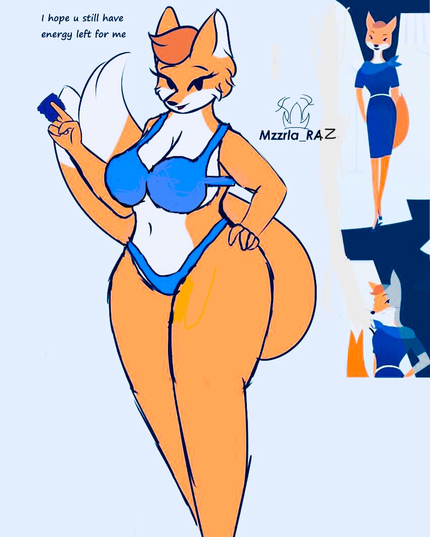 anthro asking big_breasts bikini breasts female_only fox foxie_(foxie_group_pty_ltd) fur furry holding_condom holding_object mascot orange_body orange_fur solo thick_thighs