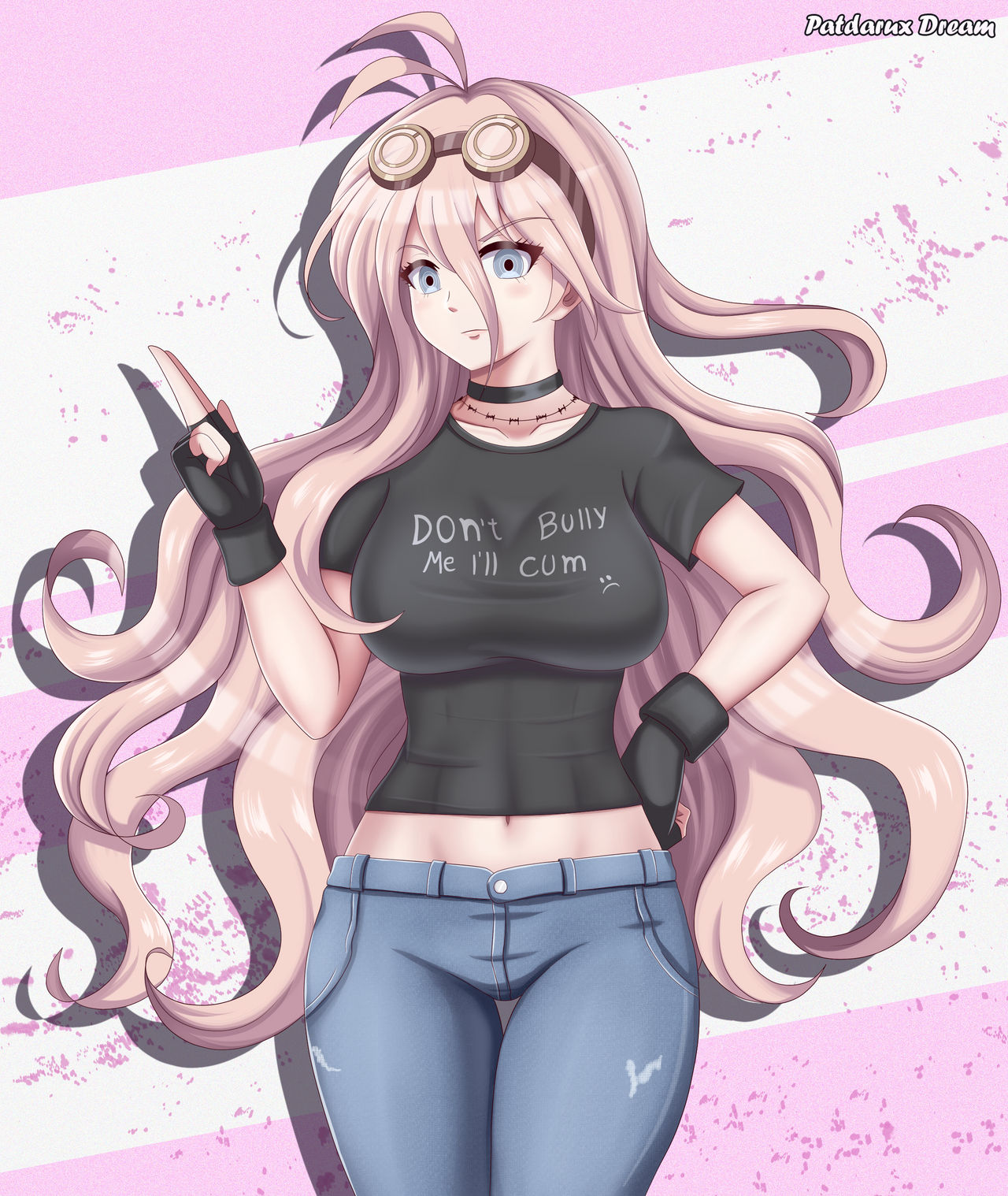 alternate costume, big breasts, blonde hair, blue eyes, breasts, danganronpa, danganronpa v3, female, female only, goggles, iruma miu, jeans, large breasts, long hair, patdarux, straight hair, text on clothing, text on shirt