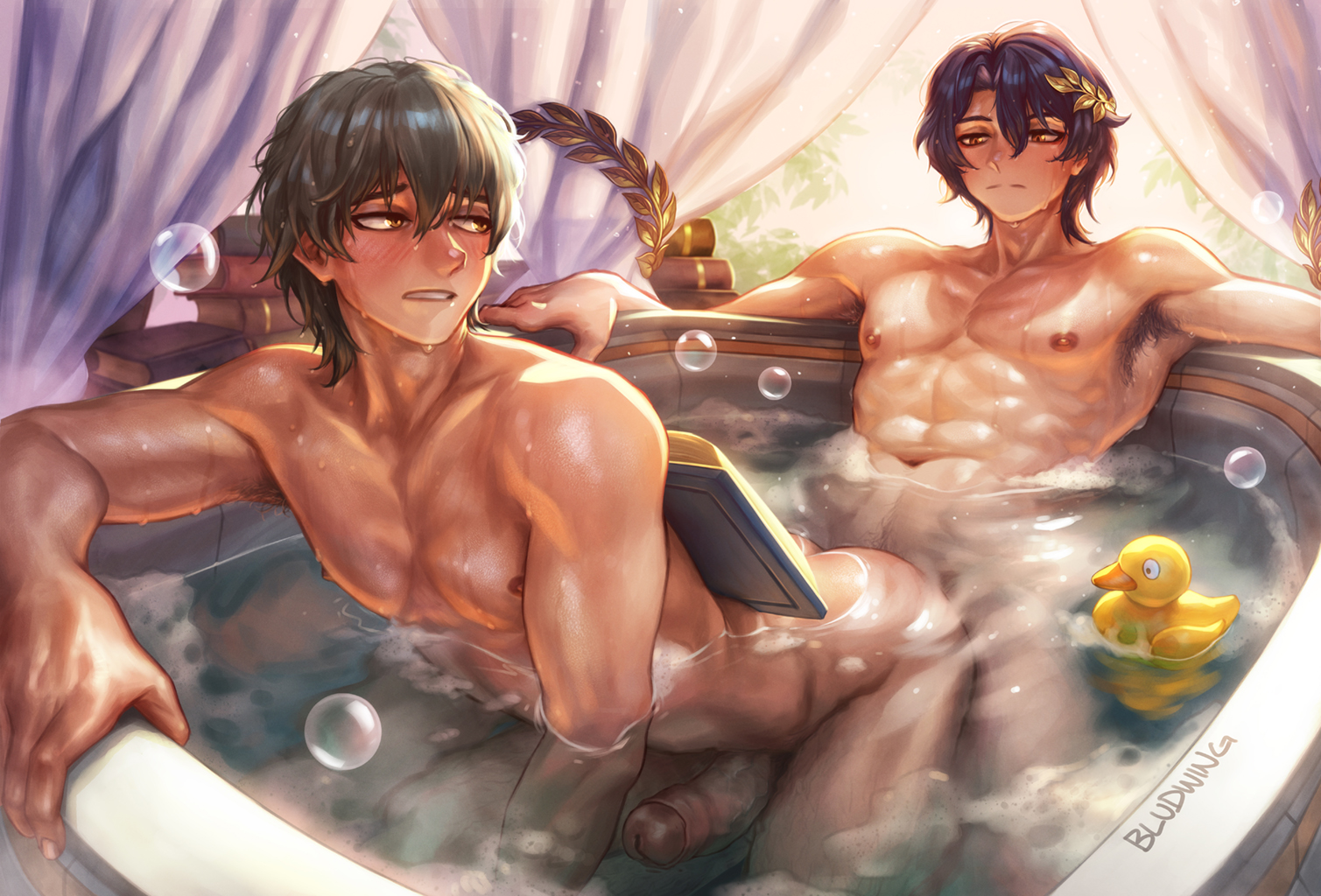 2boys, abs, arched back, armpit hair, athletic, athletic male, bathtub, bludwing, caelus (honkai: star rail), dr. ratio (honkai: star rail), gay, gay domination, honkai: star rail, lean muscle, male, male only, male/male, maledom, malesub, muscles, sharing bathtub, tagme, yaoi