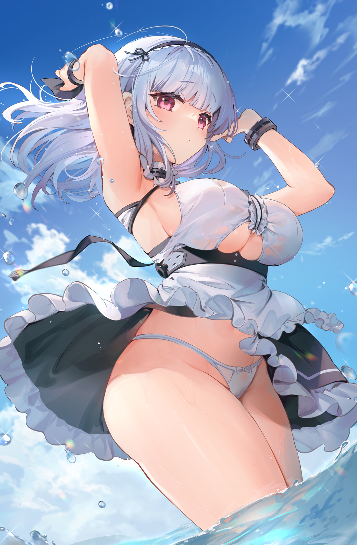 apron, arms up, azur lane, bangs, bare shoulders, black skirt, blue sky, blunt bangs, breasts, center frills, clothes lift, clothing cutout, cloud, cowboy shot, day, dido (azur lane), dutch angle, female, frilled apron, frilled hairband, frilled skirt, frills, groin, hairband, highres, kita (kitairoha), large breasts, long hair, looking at viewer, maid, maid apron, outdoors, panties, purple eyes, raised eyebrows, shirt, sideboob, sidelocks, skirt, skirt lift, sky, sleeveless, sleeveless shirt, solo, sparkle, string panties, taut clothes, taut shirt, thighs, underboob, underboob cutout, underbust, underwear, wading, water, water drop, white apron, white hair, white panties, white shirt, wind, wind lift